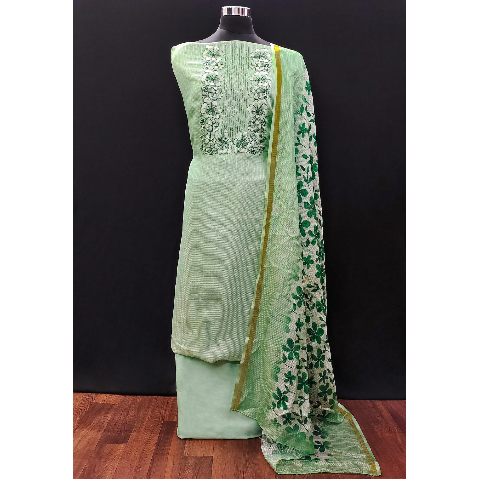 Green Floral Embroidered Kota Doria Dress Material