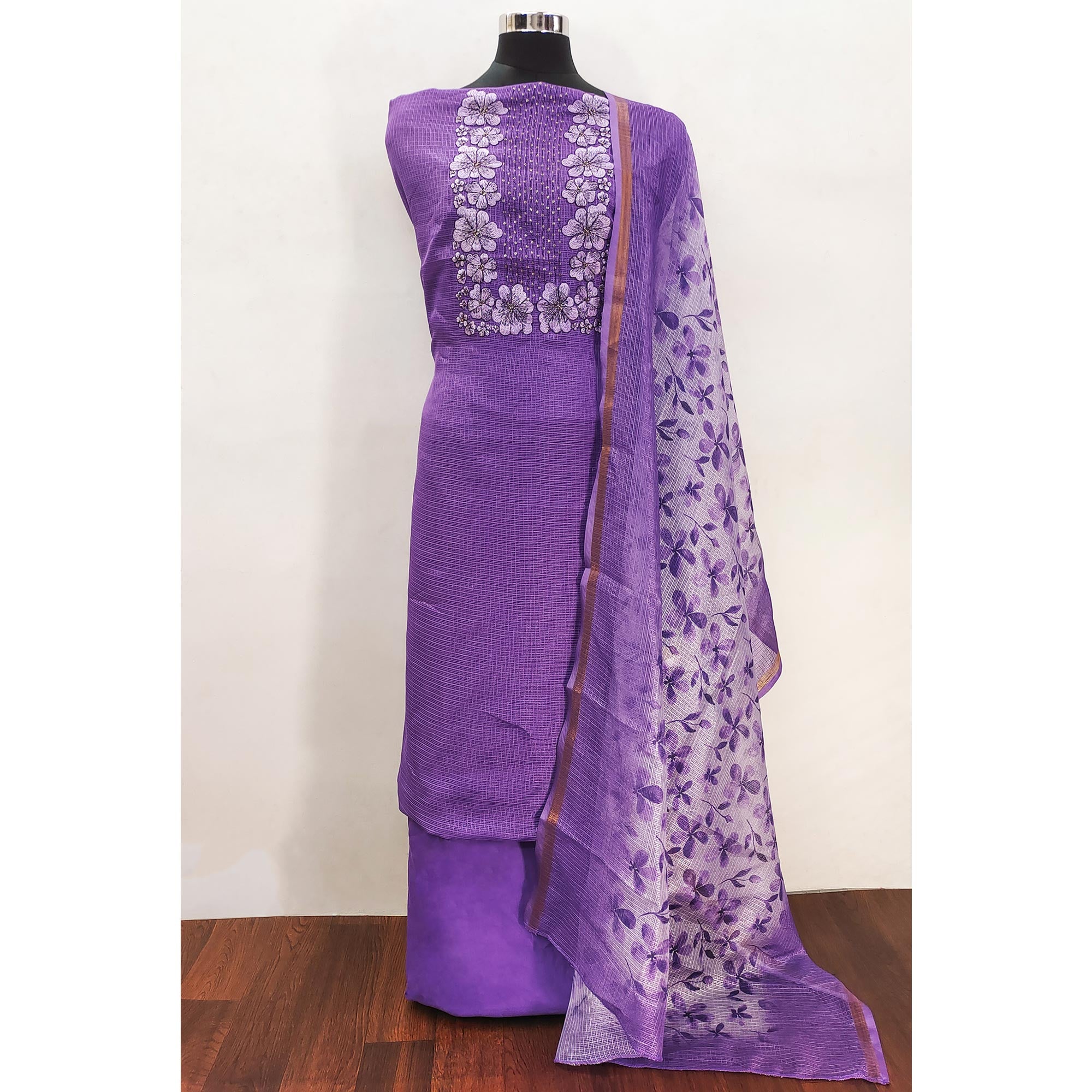 Lavender Floral Embroidered Kota Doria Dress Material