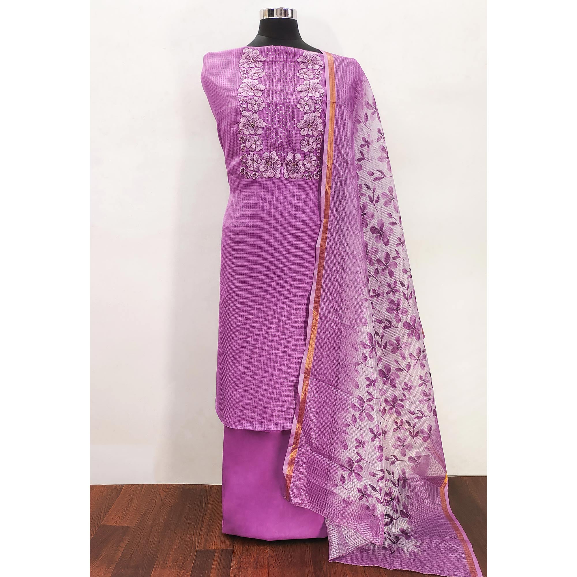 Purple Floral Embroidered Kota Doria Dress Material