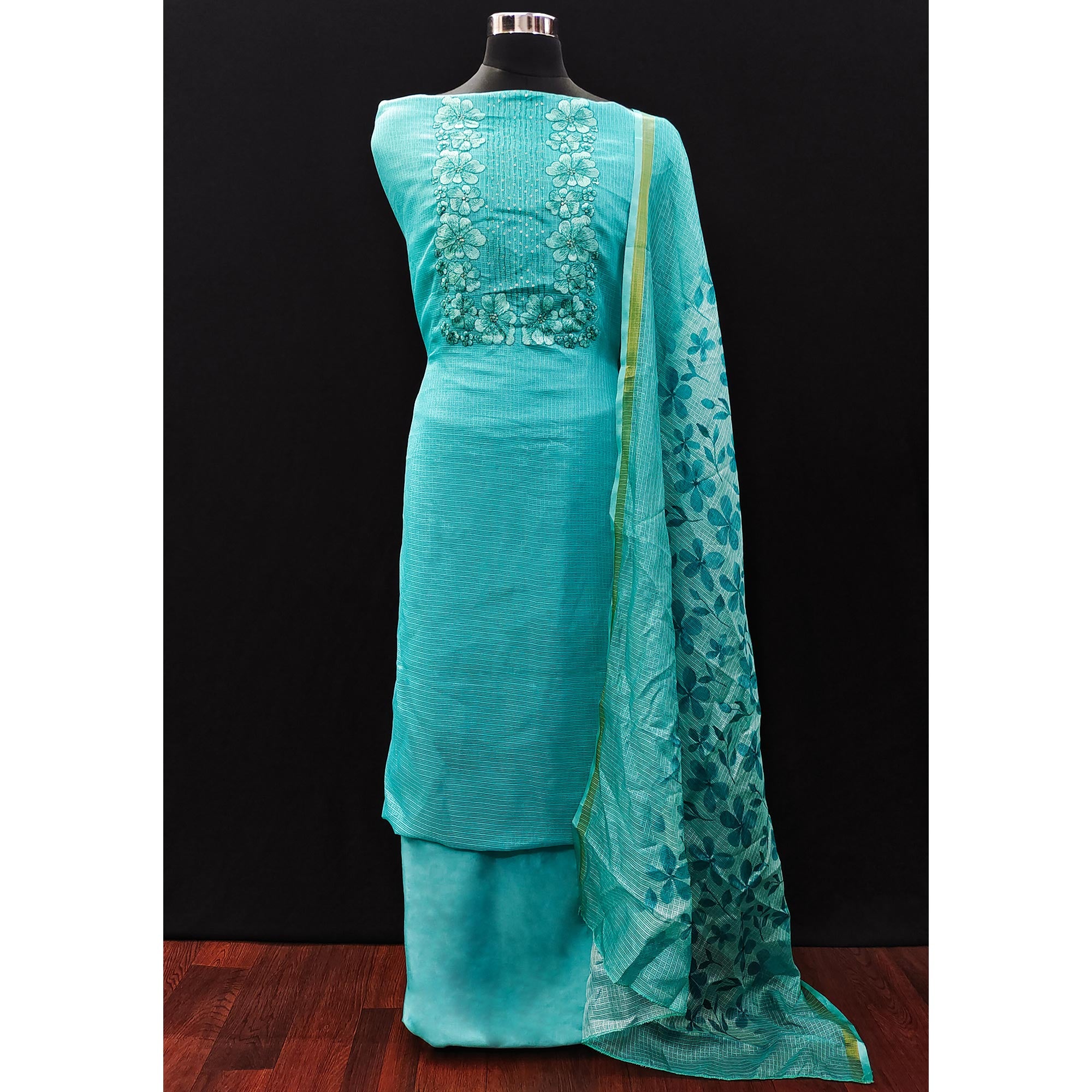 Turquoise Floral Embroidered Kota Doria Dress Material