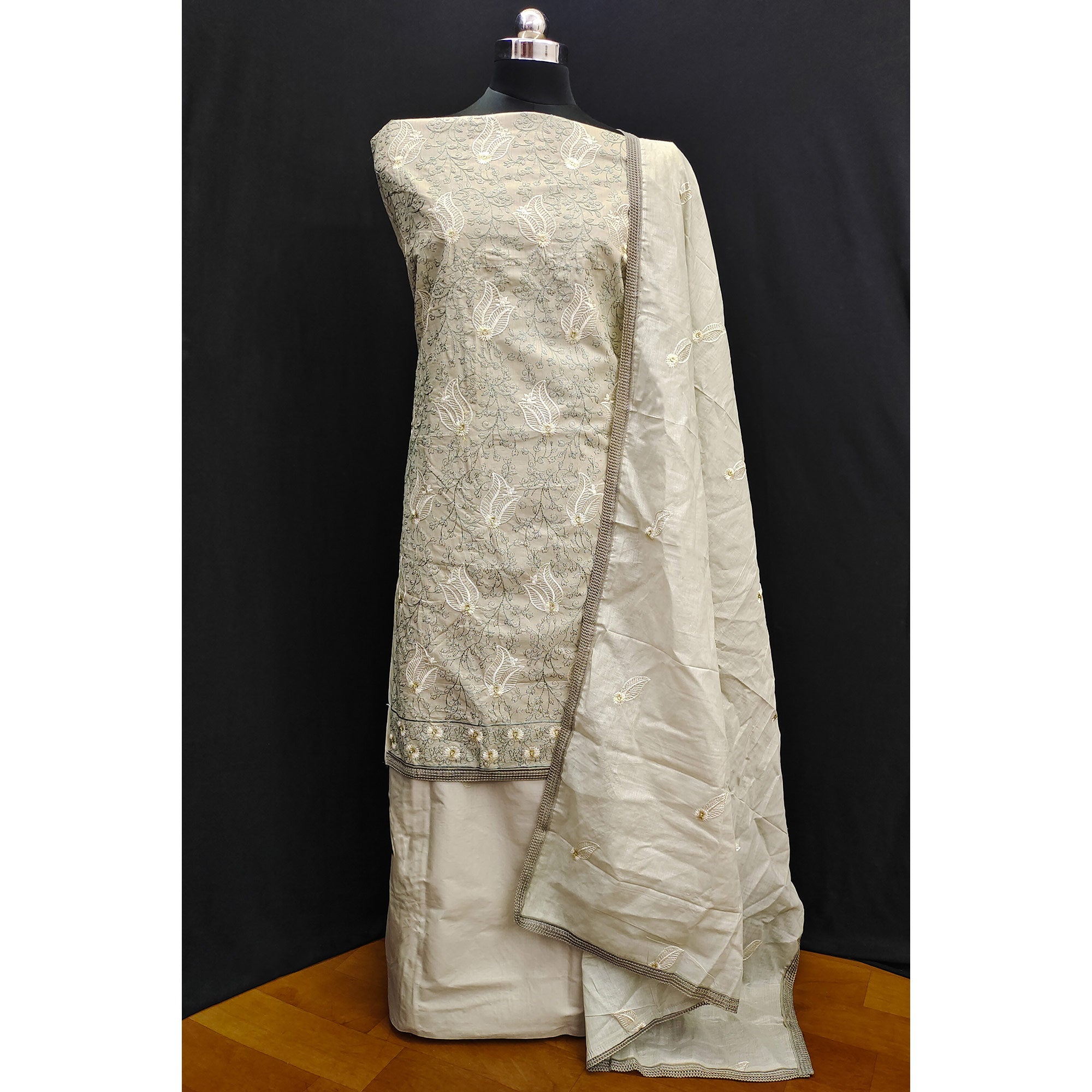 Beige Floral Embroidered Pure Cotton Dress Material