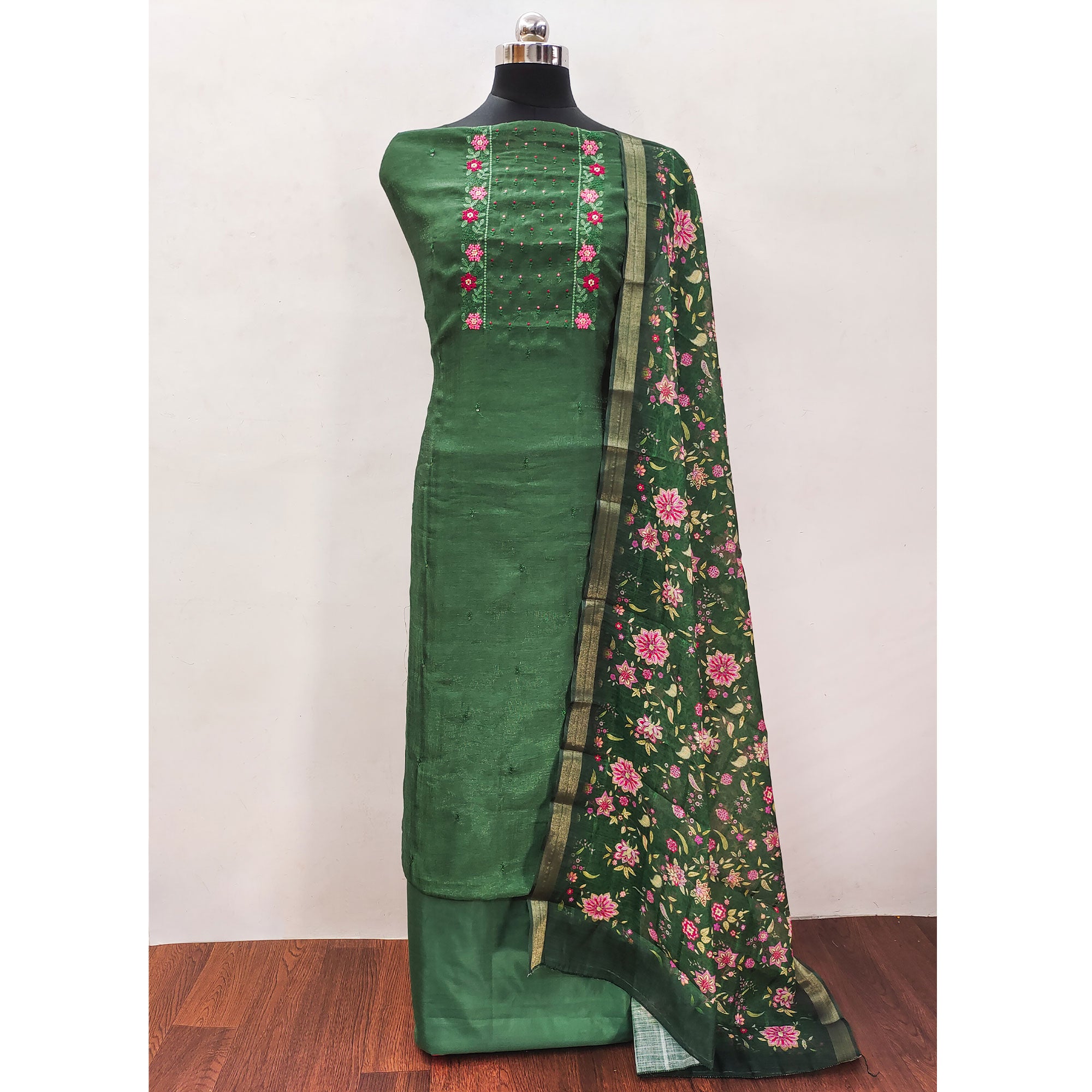 Green Embroidered Vichitra Silk Dress Material