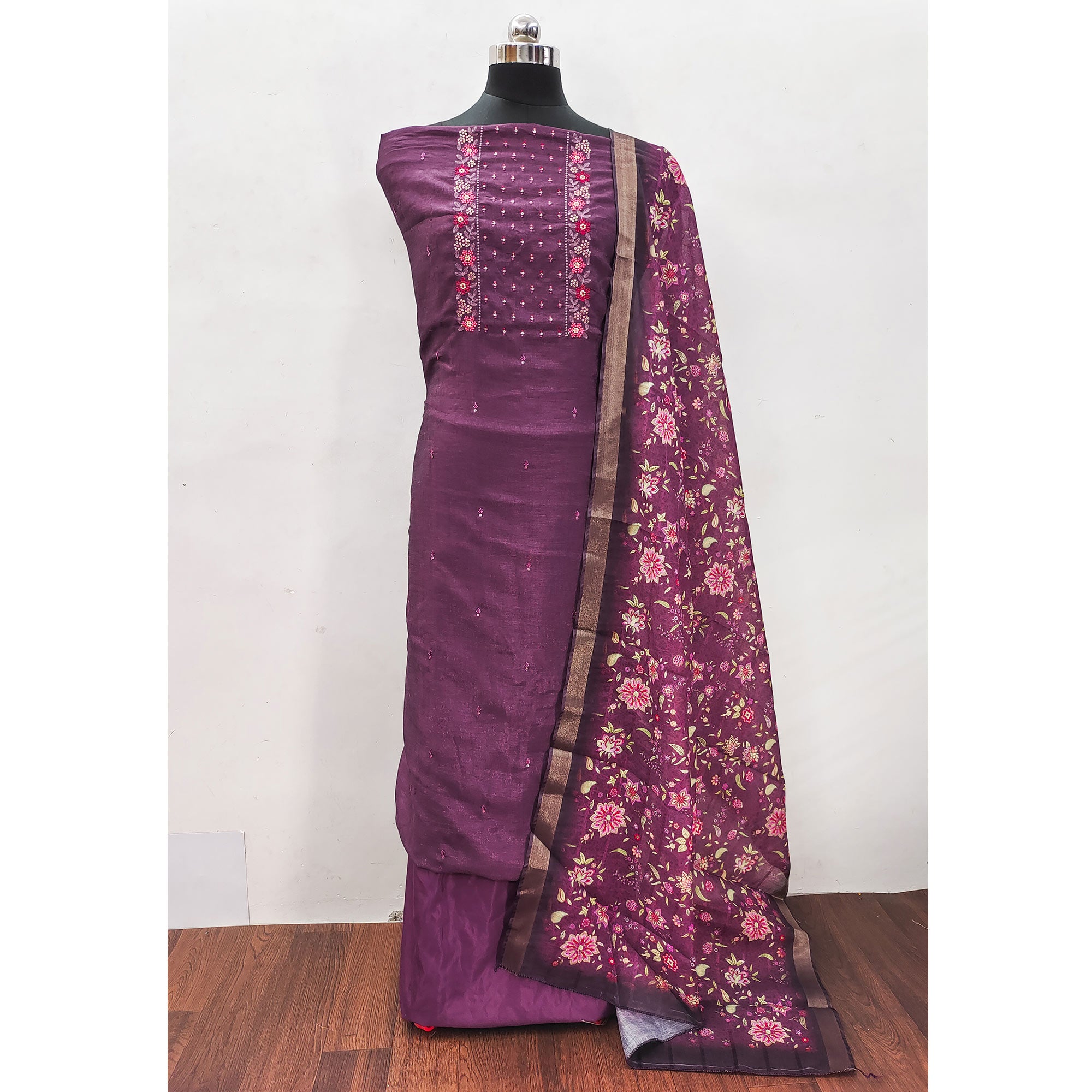 Purple Embroidered Vichitra Silk Dress Material