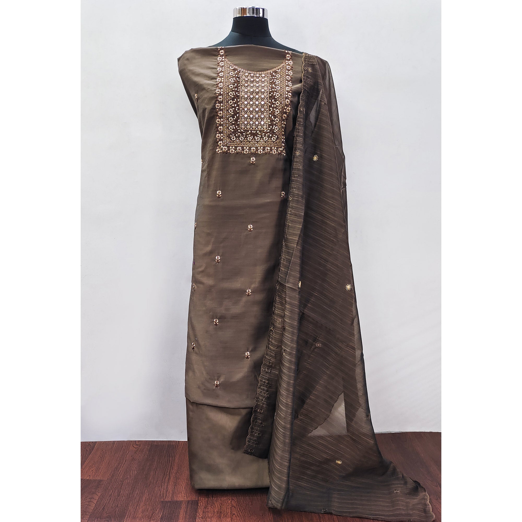 Brown Floral Embroidered Cotton Blend Dress Material