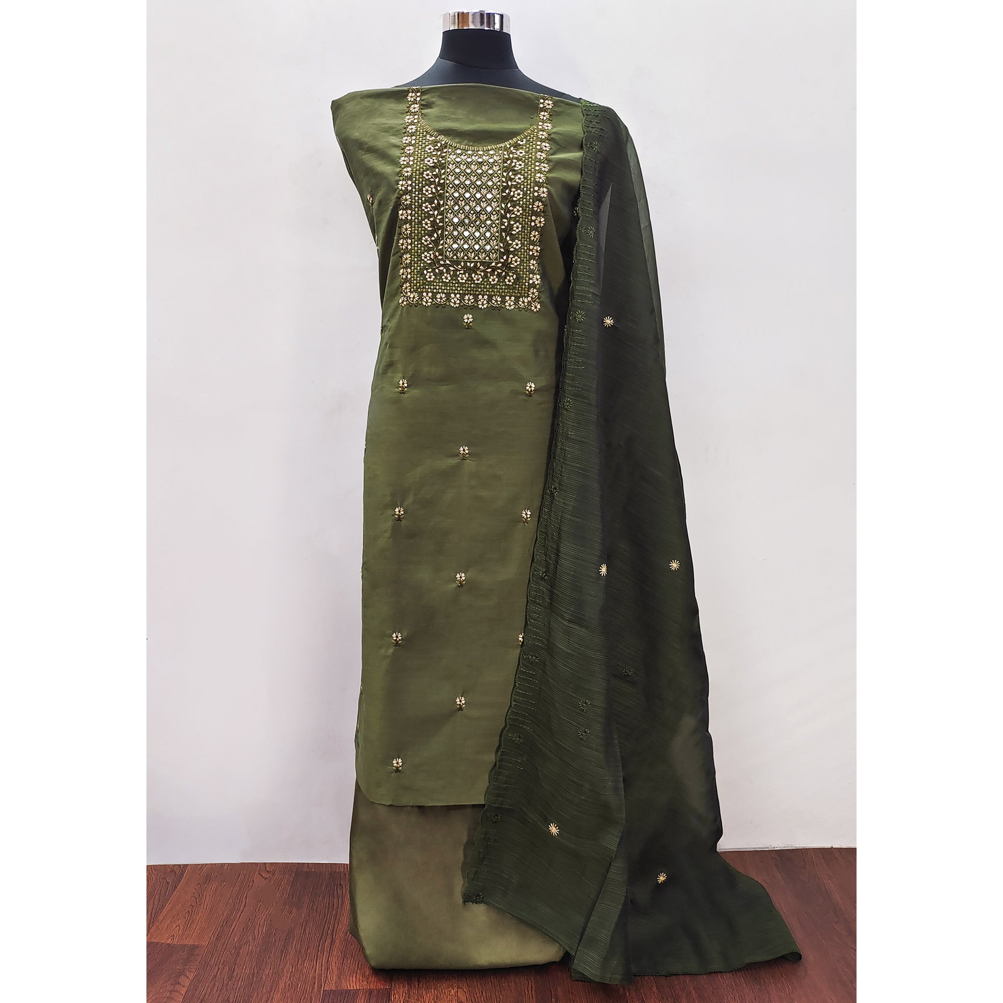 Green Floral Embroidered Cotton Blend Dress Material