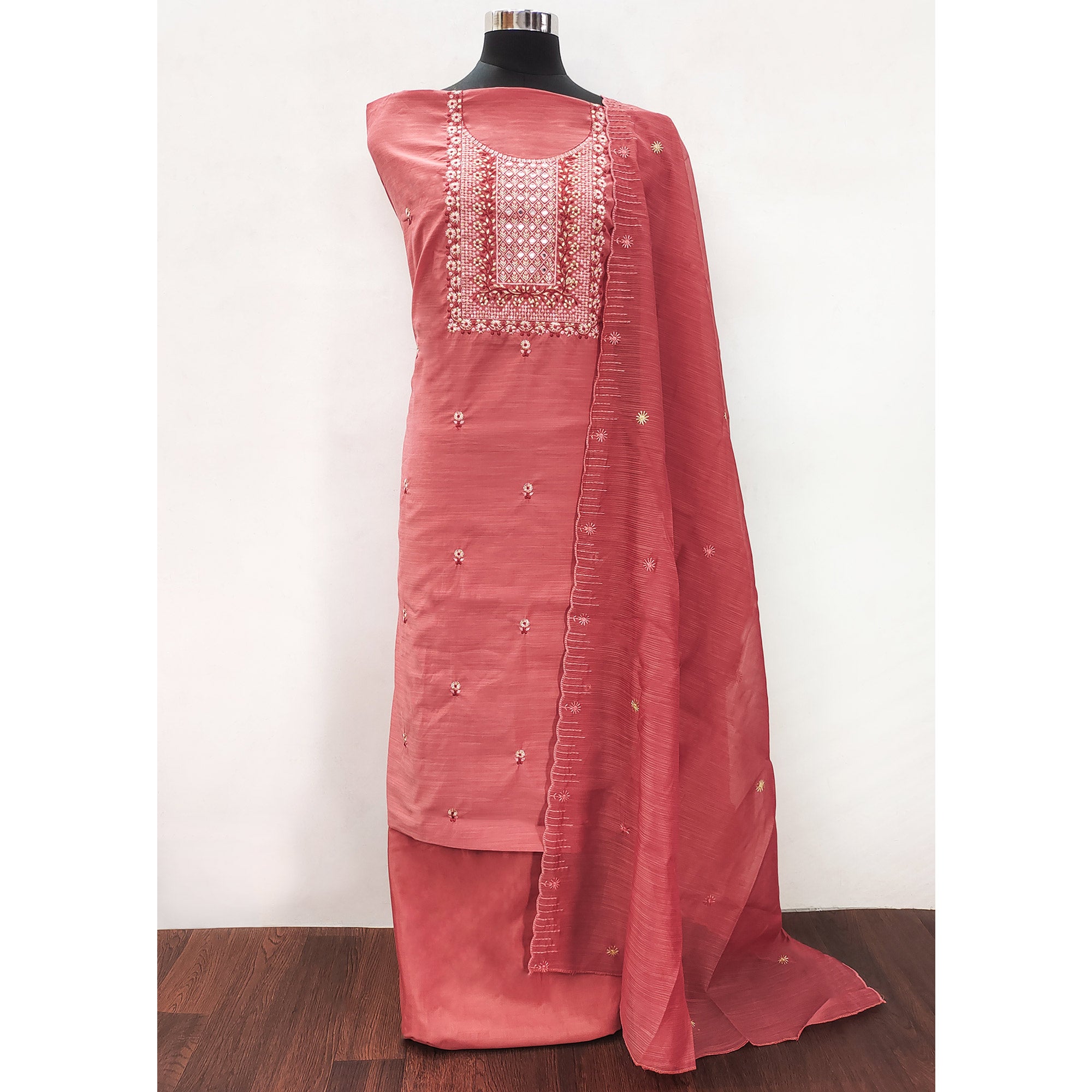 Red Floral Embroidered Cotton Blend Dress Material