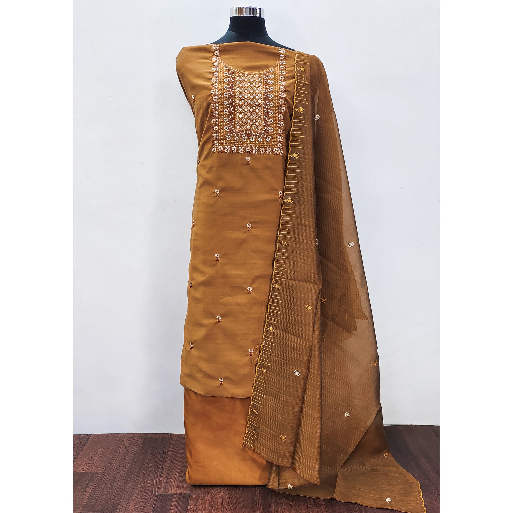 Yellow Ocre Floral Embroidered Cotton Blend Dress Material