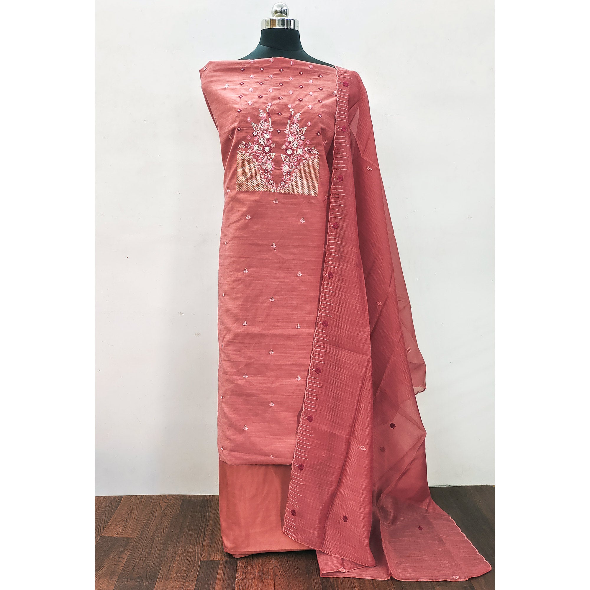 Red Floral Embroidered Cotton Blend Dress Material
