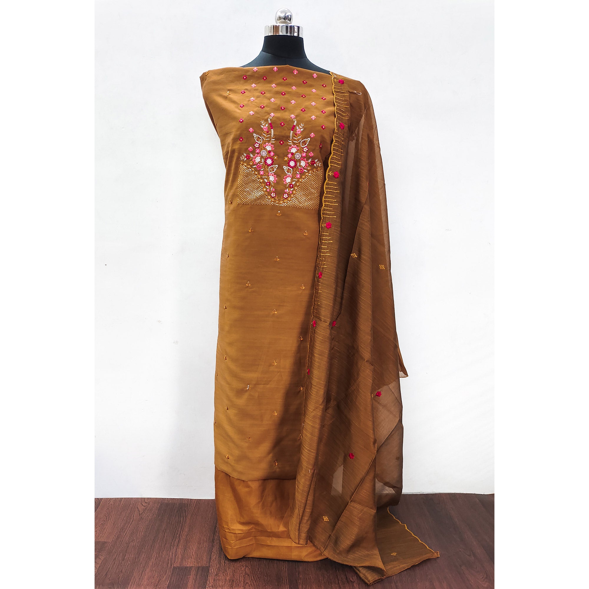 Yellow Ocre Floral Embroidered Cotton Blend Dress Material