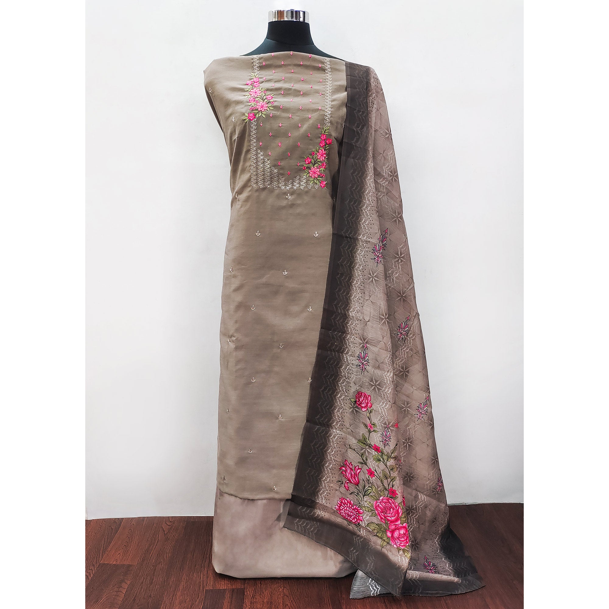 Brown Floral Embroidered Cotton Blend Dress Material