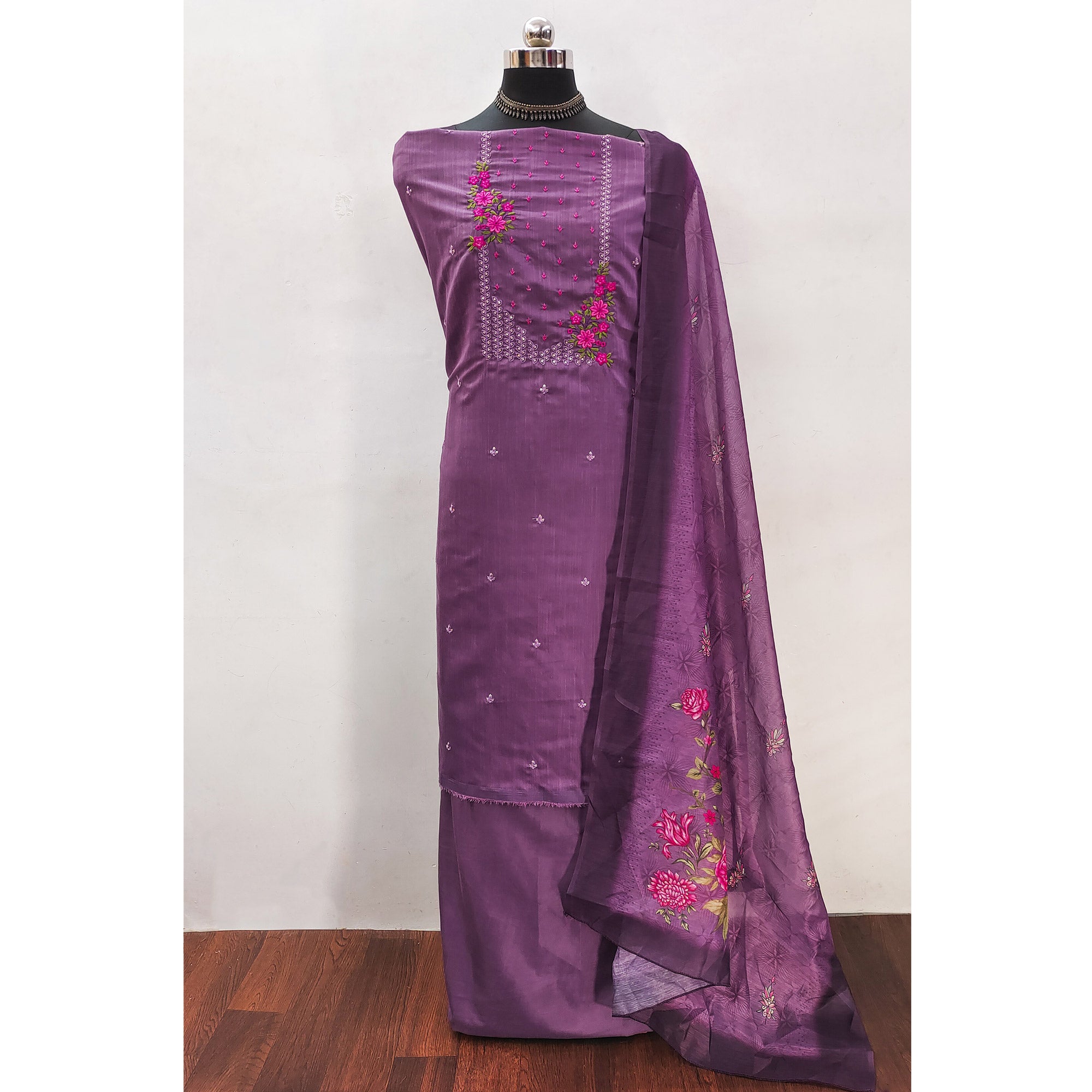Dark Purple Floral Embroidered Cotton Blend Dress Material