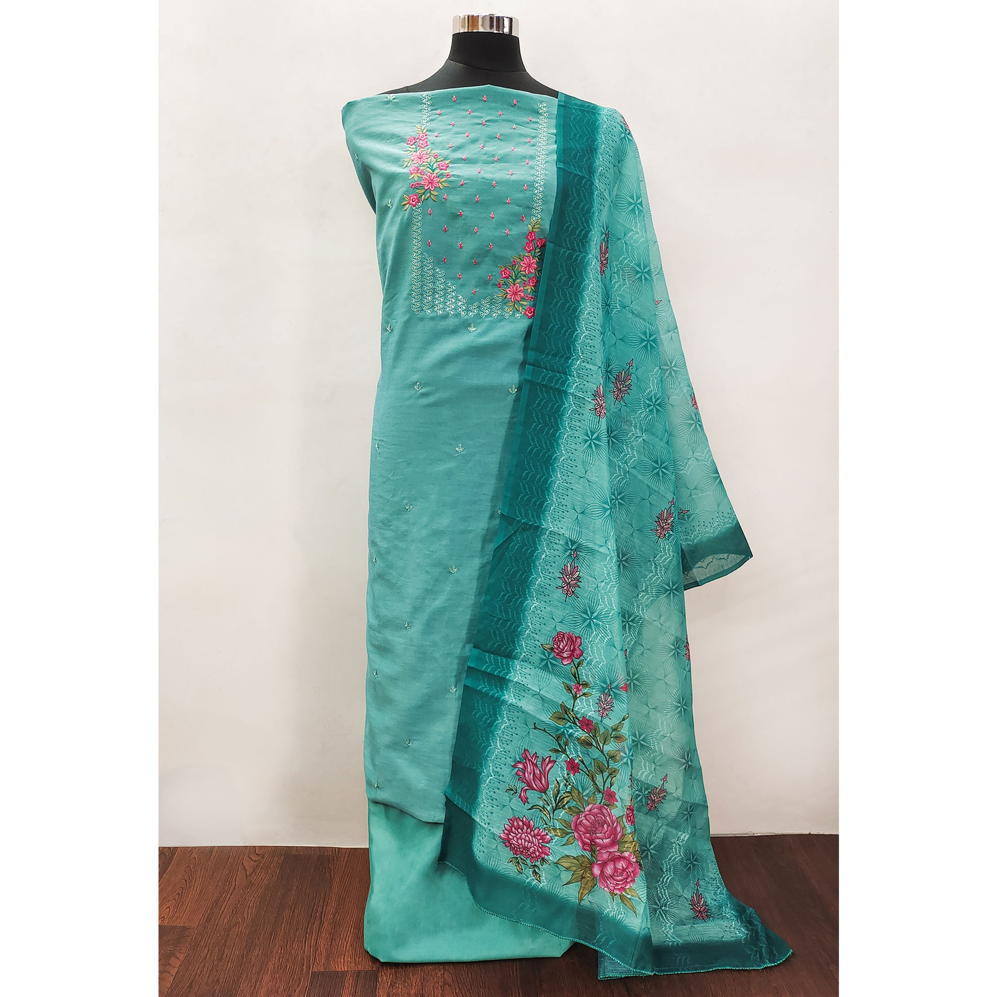Rama Green Floral Embroidered Cotton Blend Dress Material