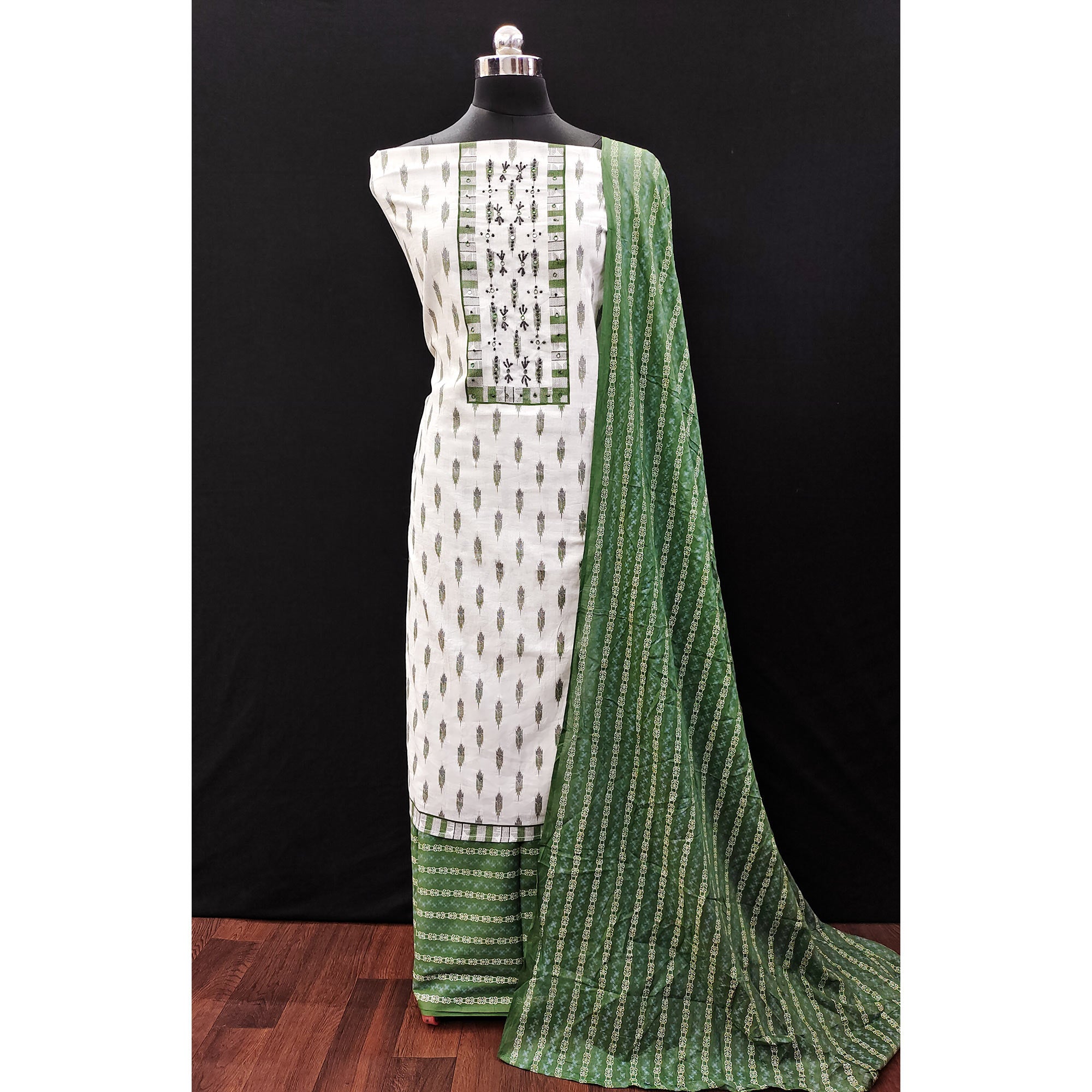 White & Green Printed Pure Cotton Dress Material