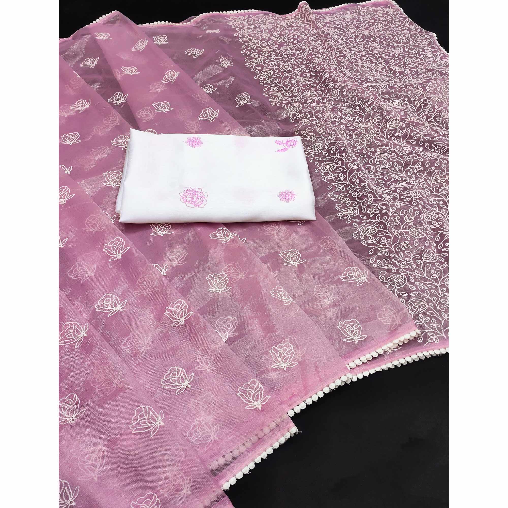 Pink Embroidered Net Saree