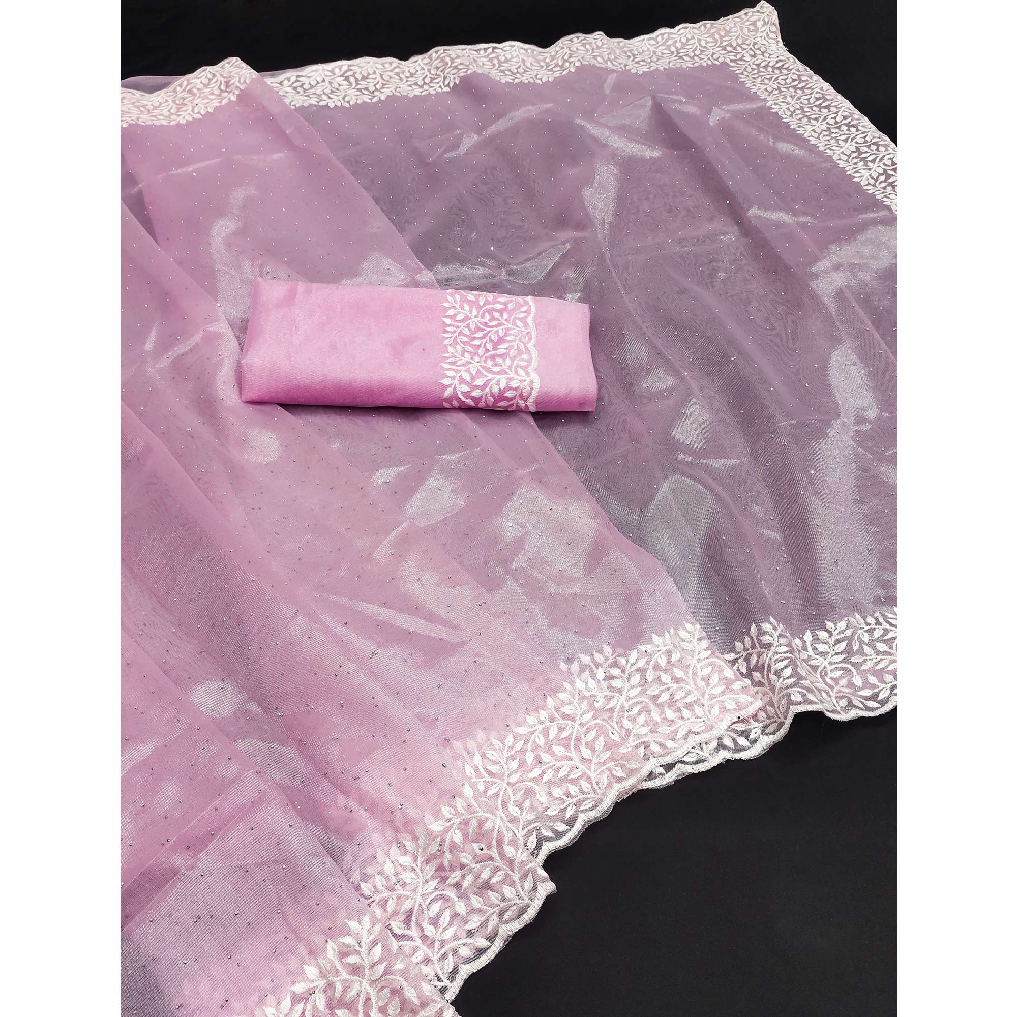 Pink Embroidered Net Saree