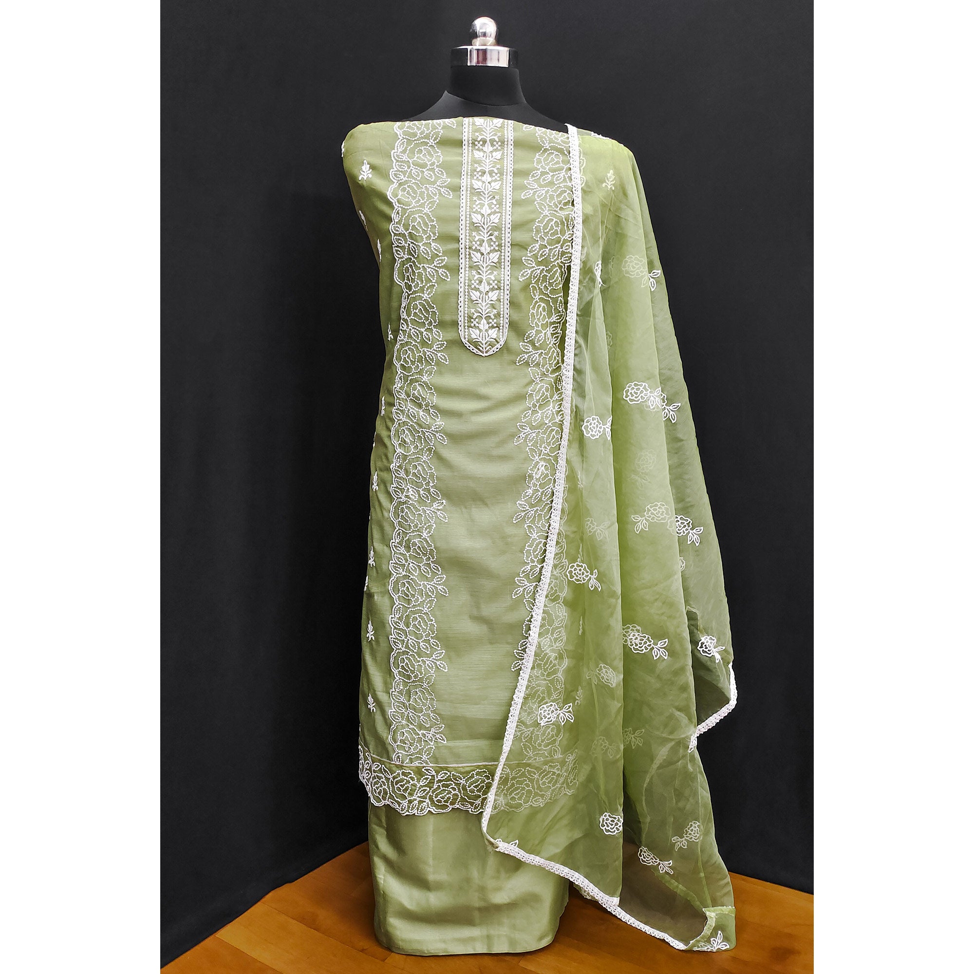 Green Floral Embroidered Chanderi Dress Material