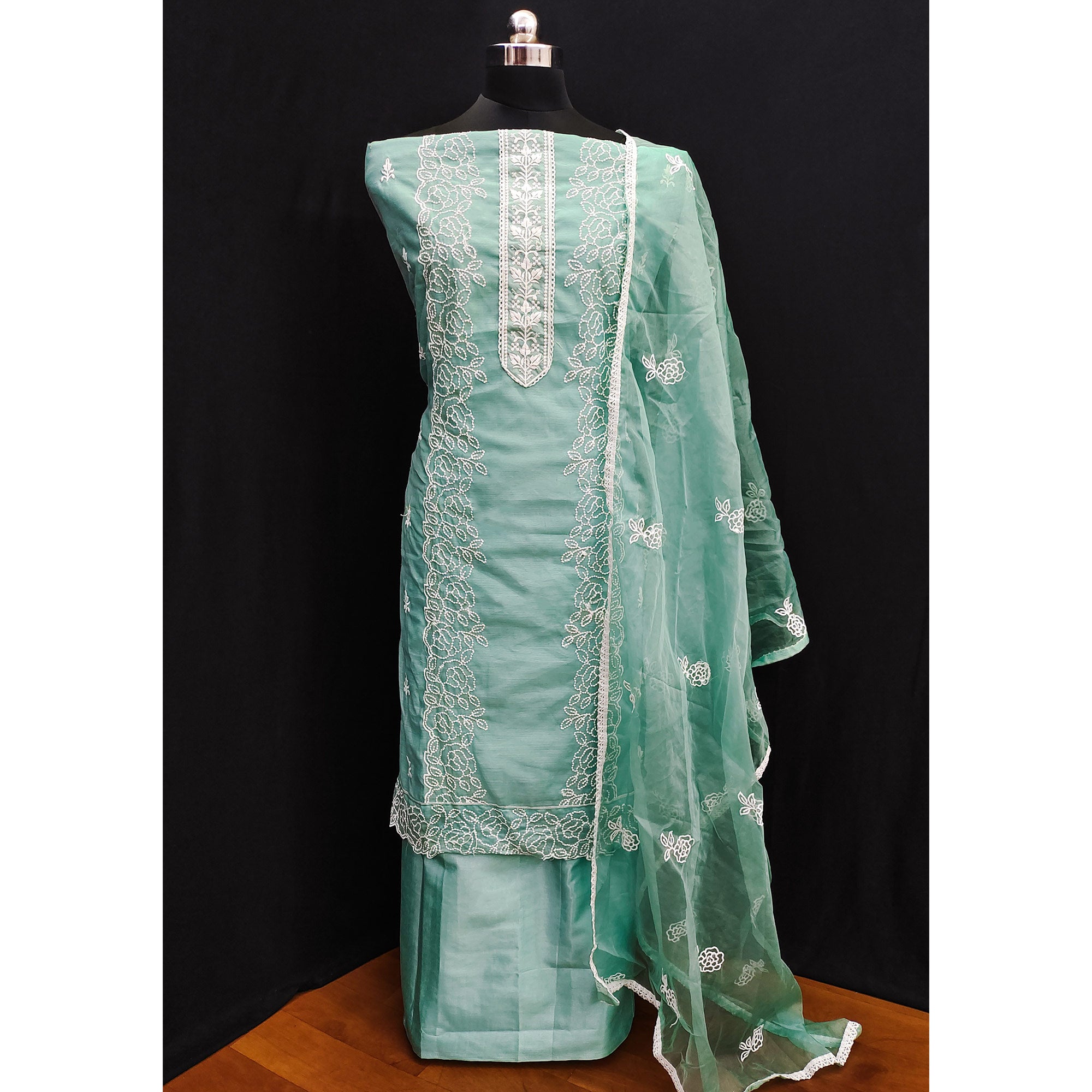 Sea Green Floral Embroidered Chanderi Dress Material