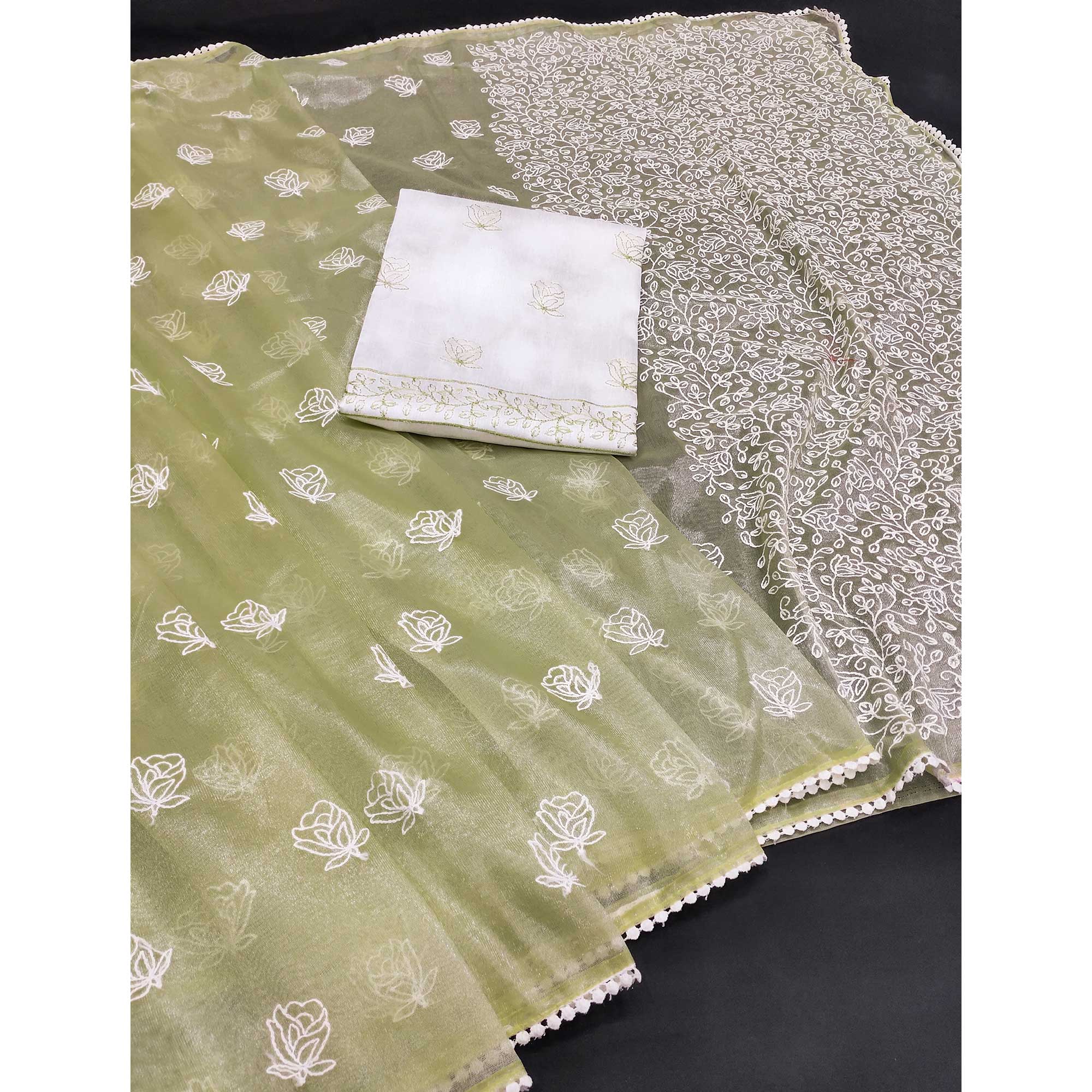 Green Floral Embroidered Net Saree