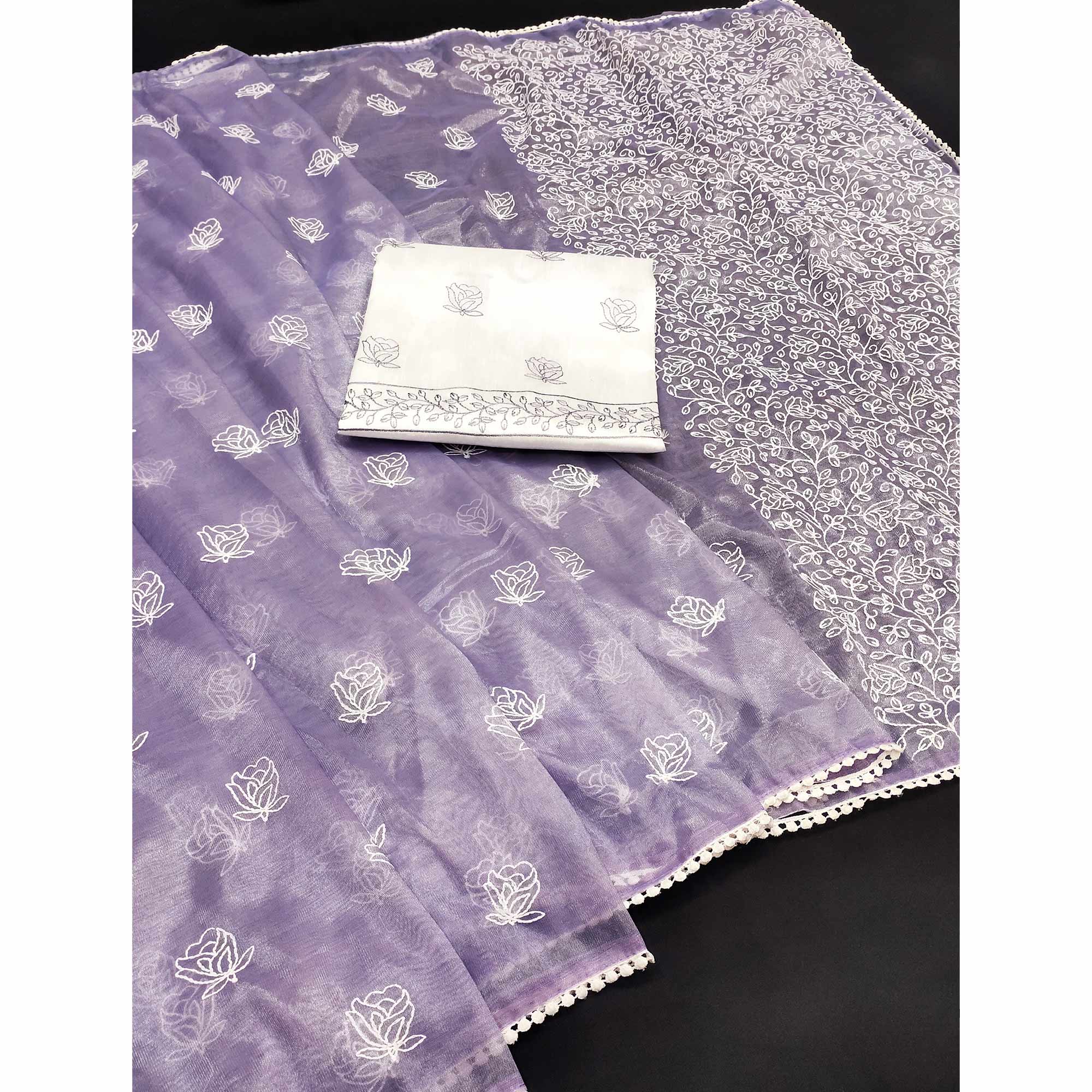 Lavender Floral Embroidered Net Saree