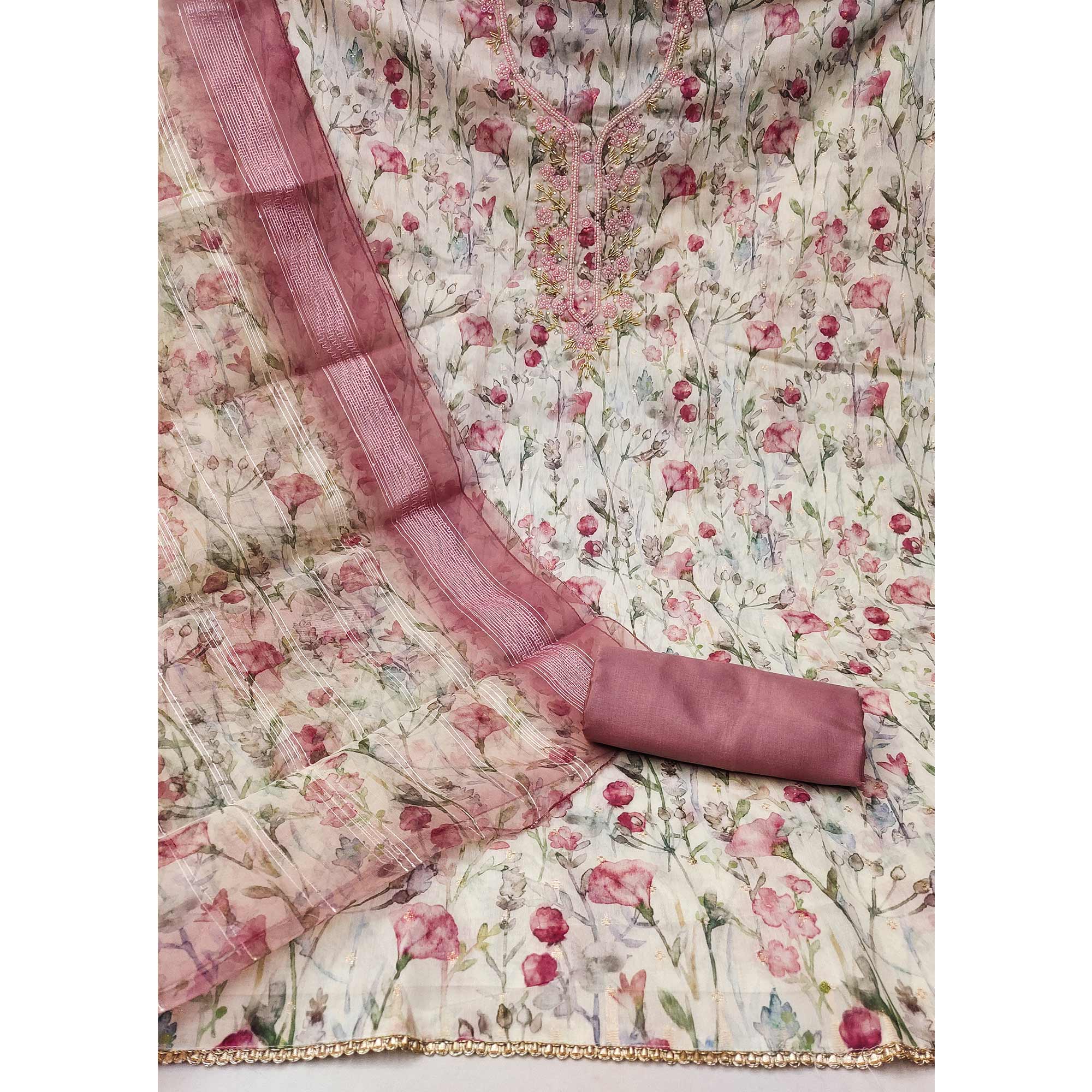 Off White & Pink Floral Printed Chanderi Dress Material