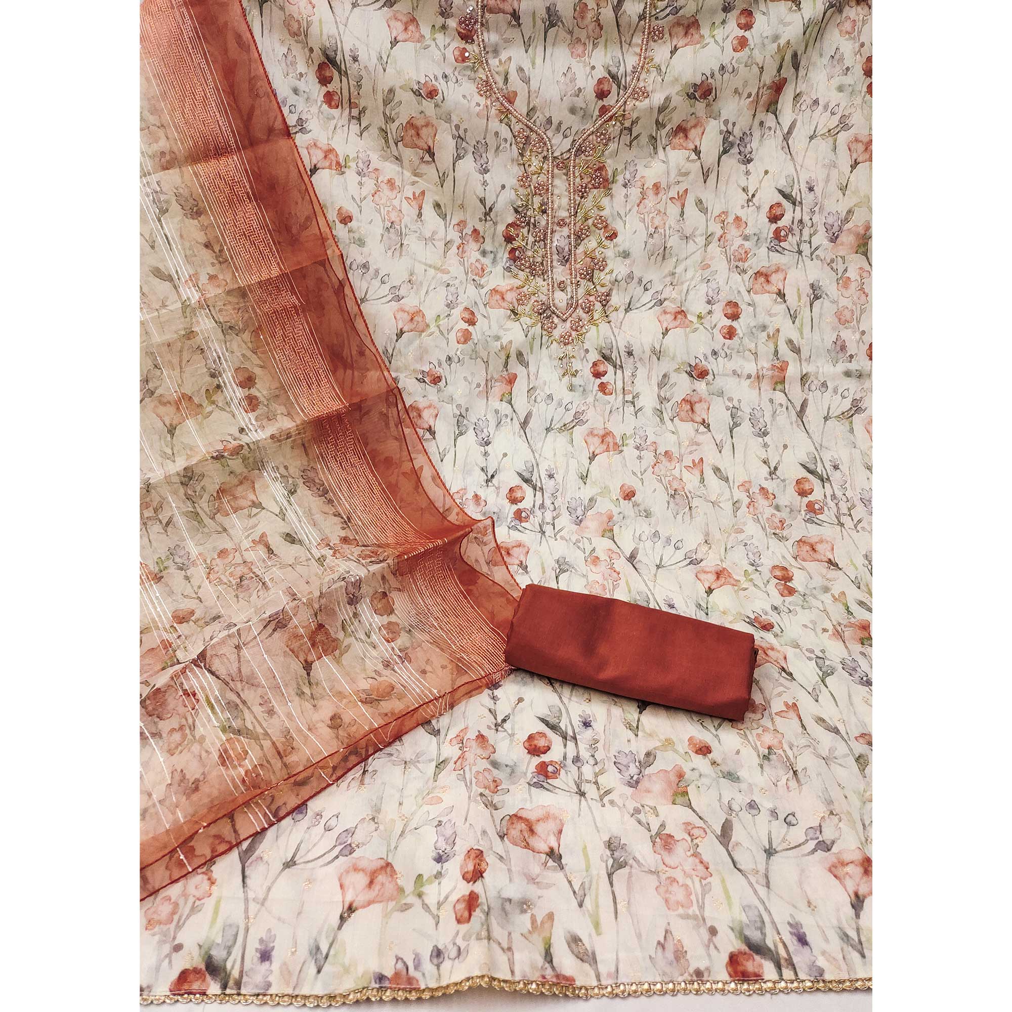 Off White & Rust Floral Printed Chanderi Dress Material