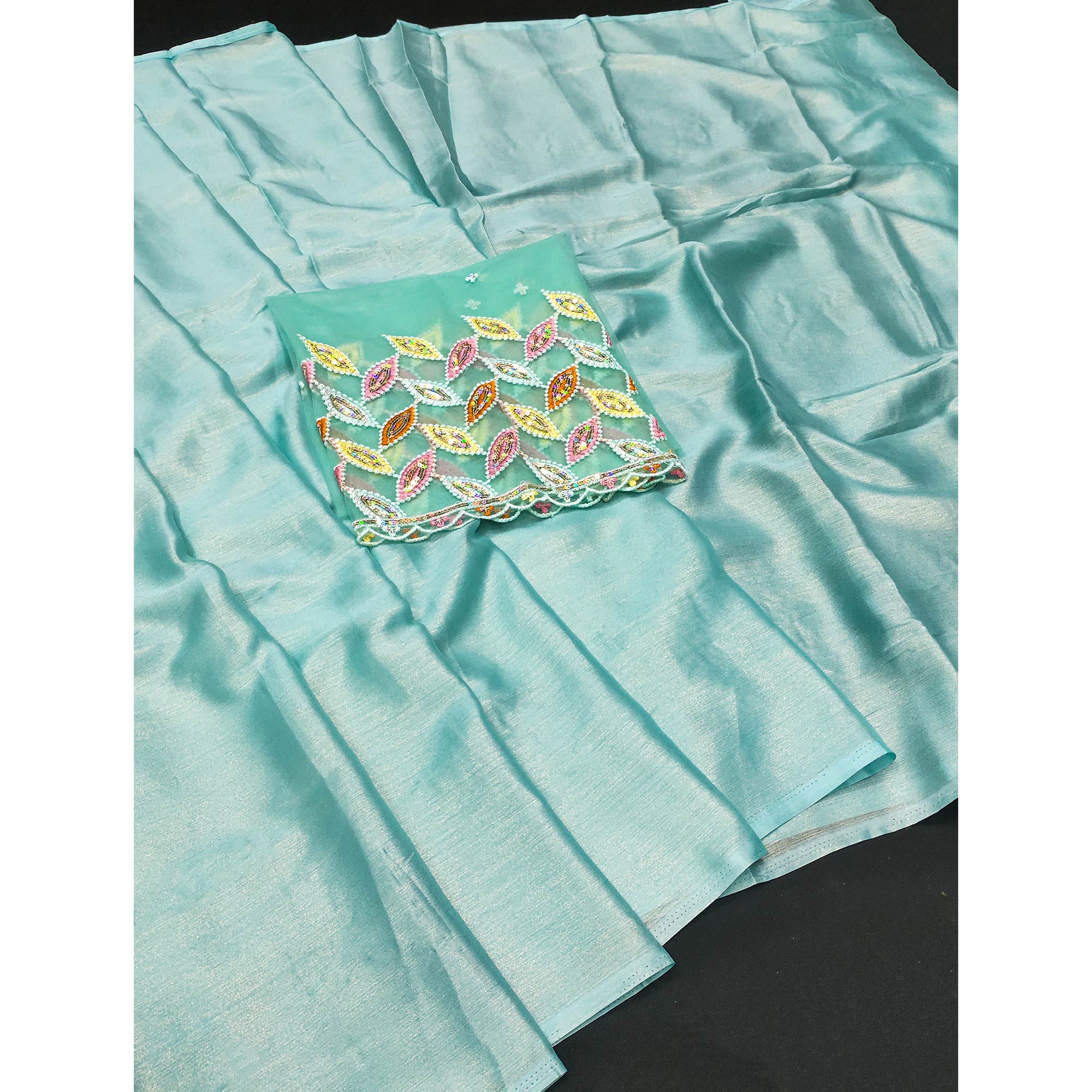 Aqua Blue Solid Chiffon Saree