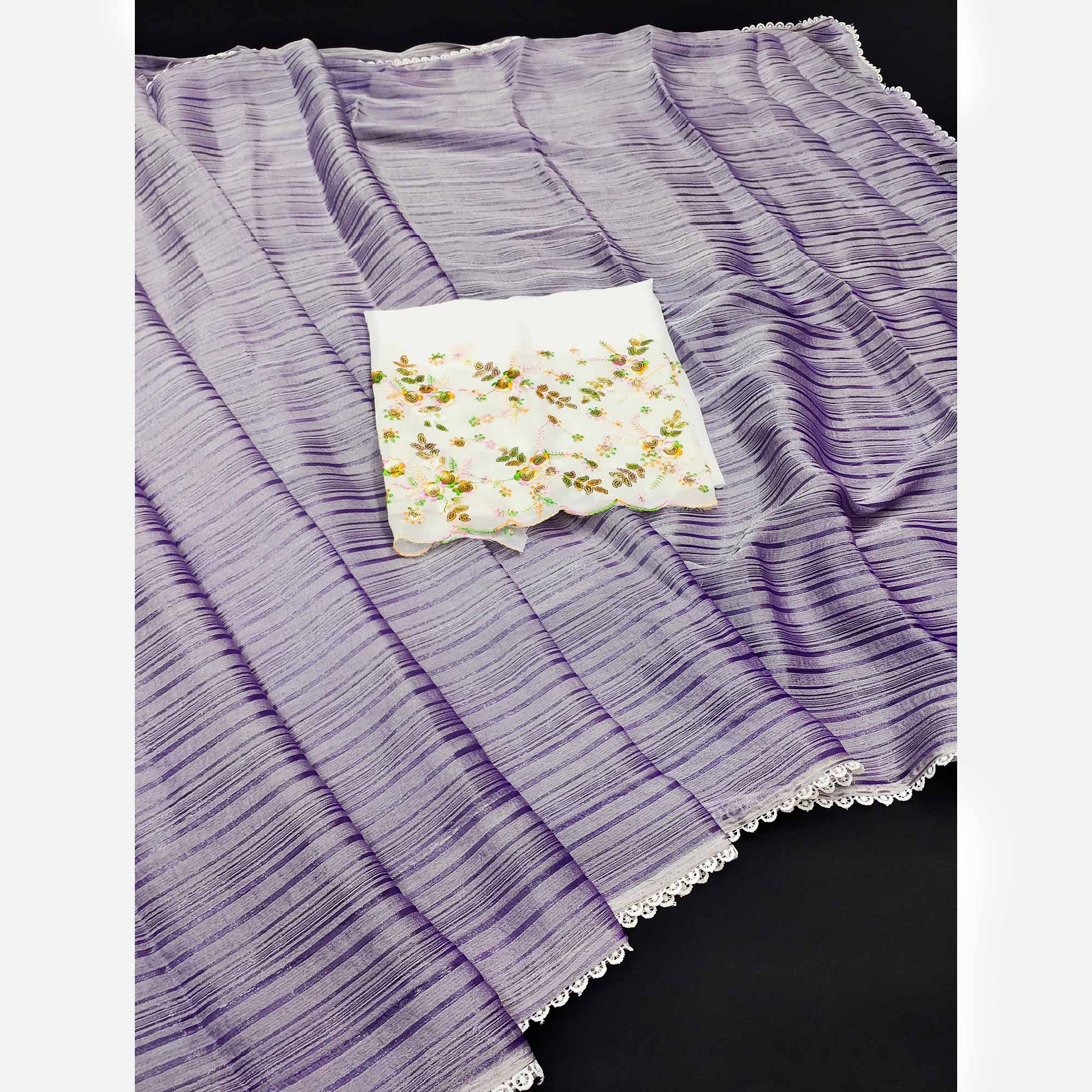 Lavender Solid Woven Chiffon Saree With Lace Border