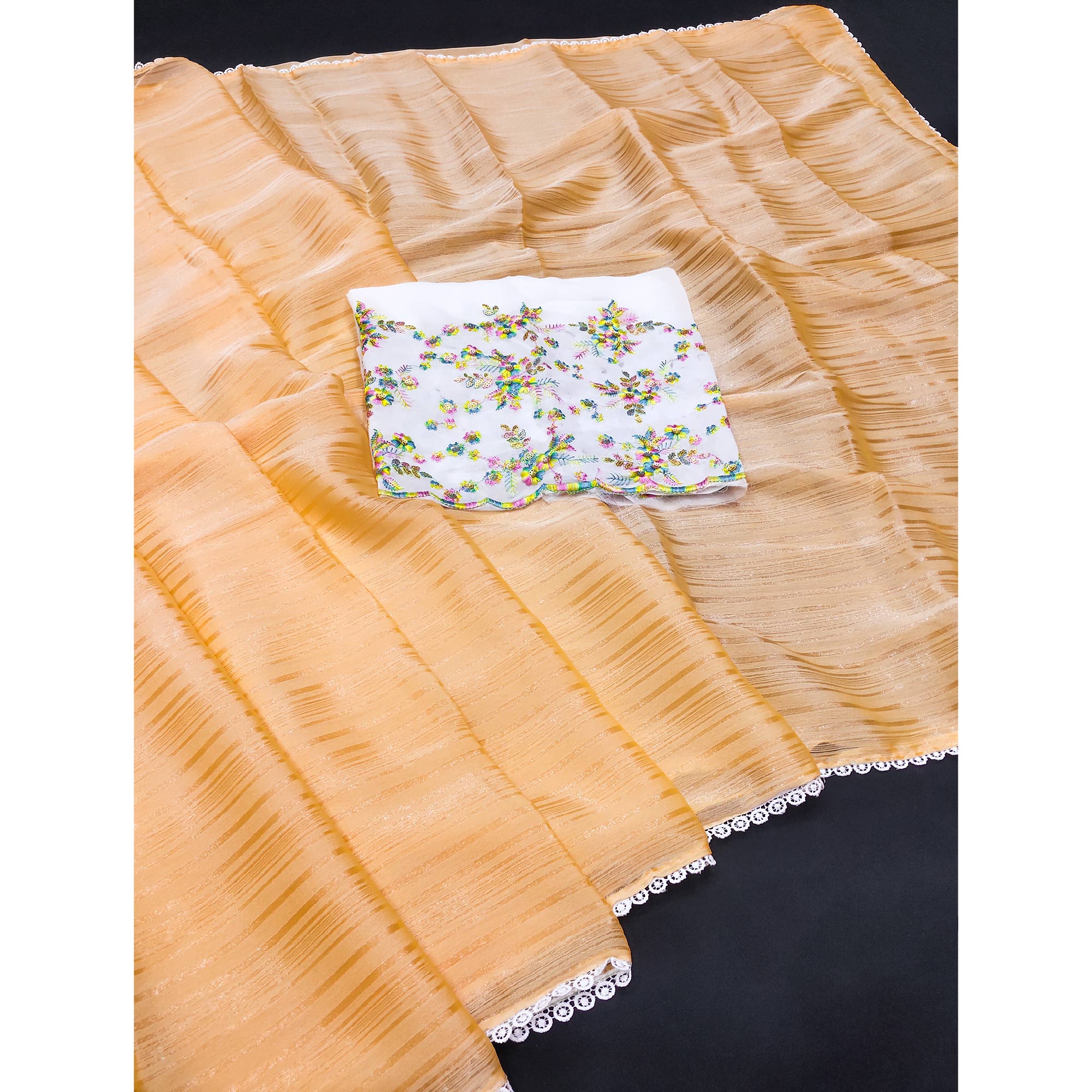 Orange Solid Woven Chiffon Saree With Lace Border