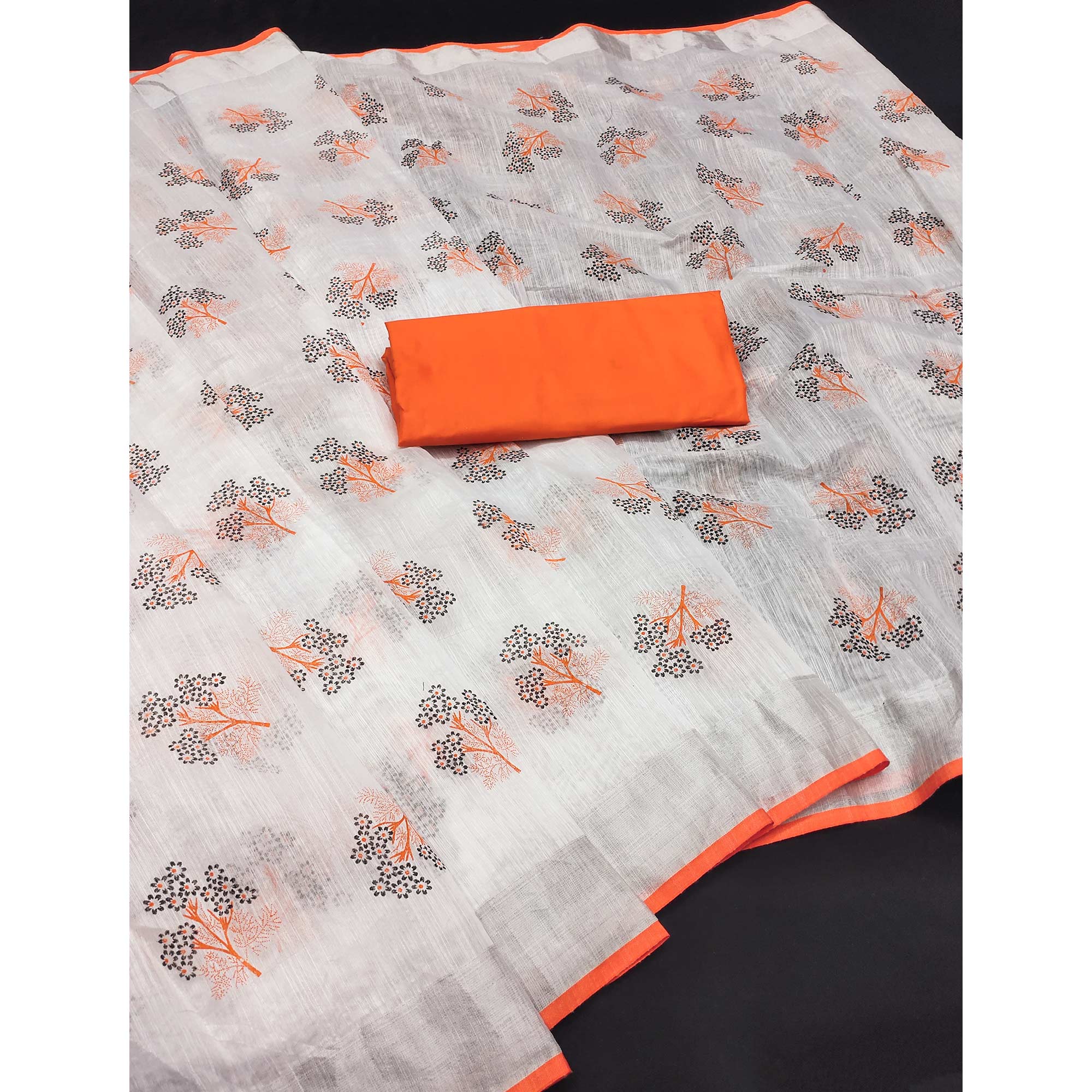 White & Orange Floral Printed Linen Saree
