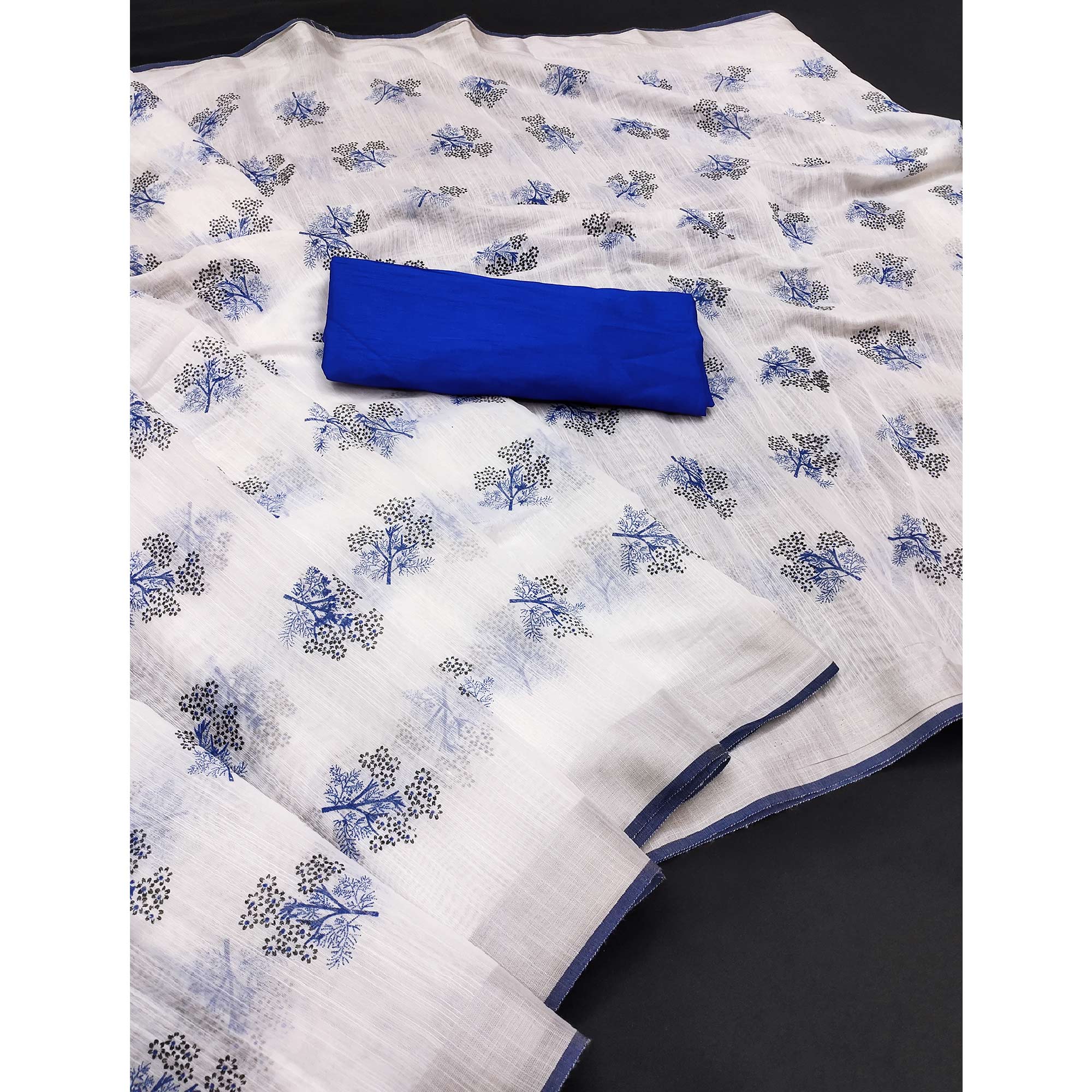 White & Blue Floral Printed Linen Saree