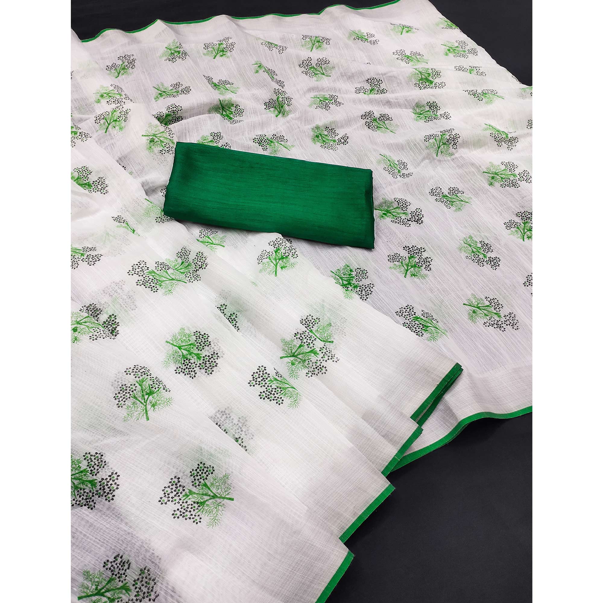 White & Green Floral Printed Linen Saree