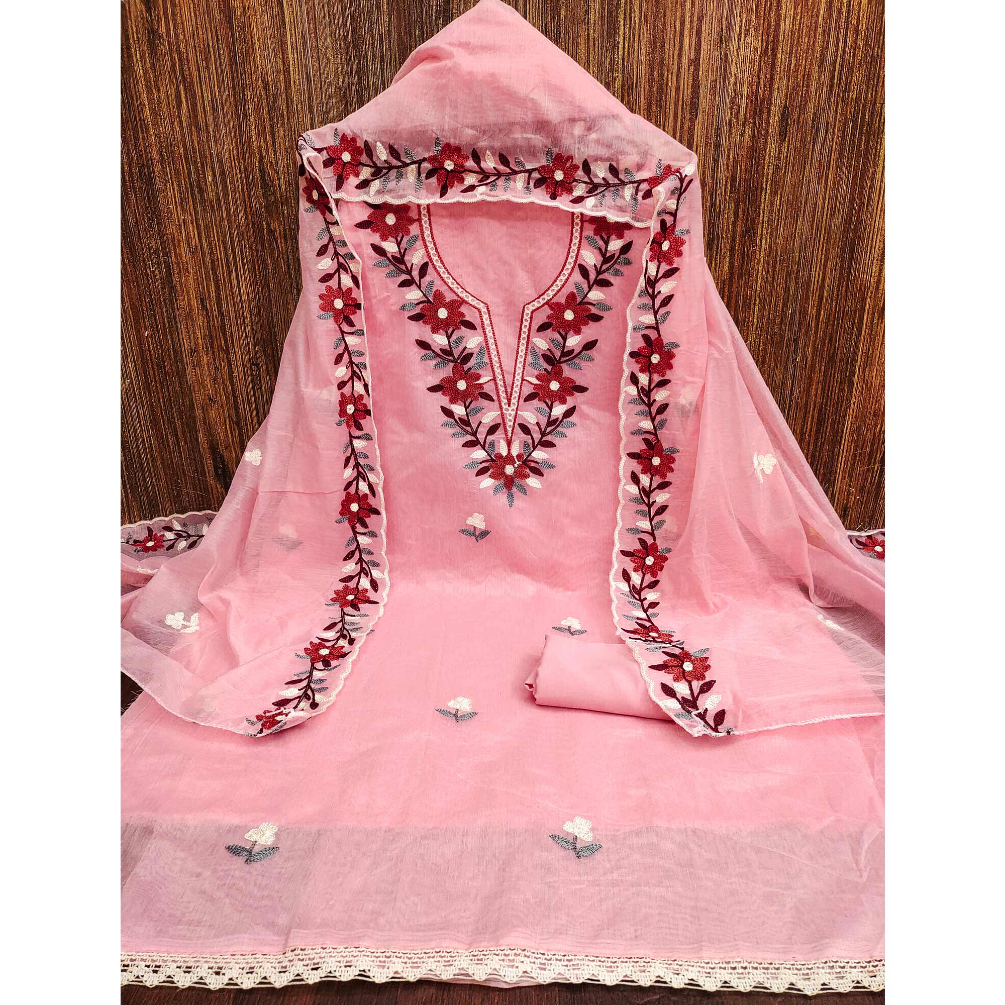 Pink Floral Embroidered Chanderi Dress Material