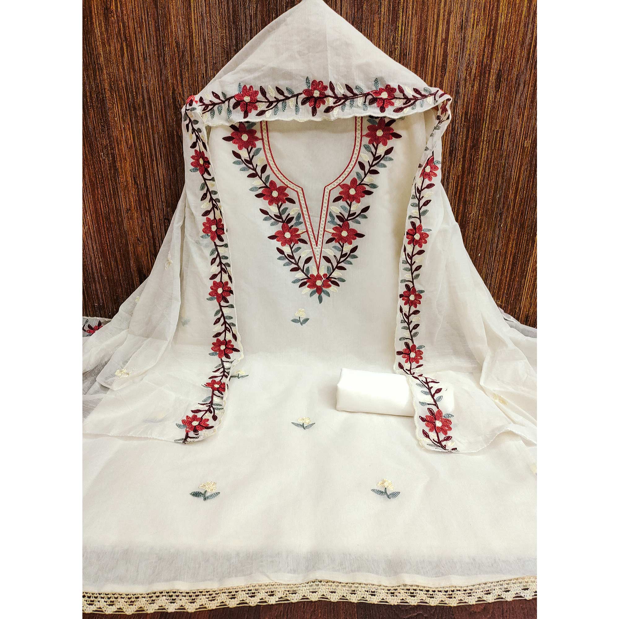 White Floral Embroidered Chanderi Dress Material