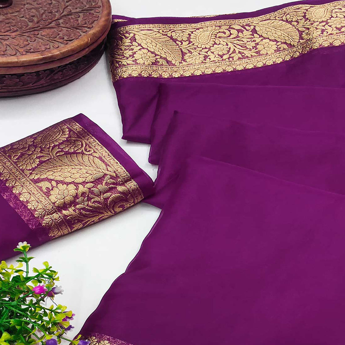 Dark Purple Solid Organza Saree With Zari Border