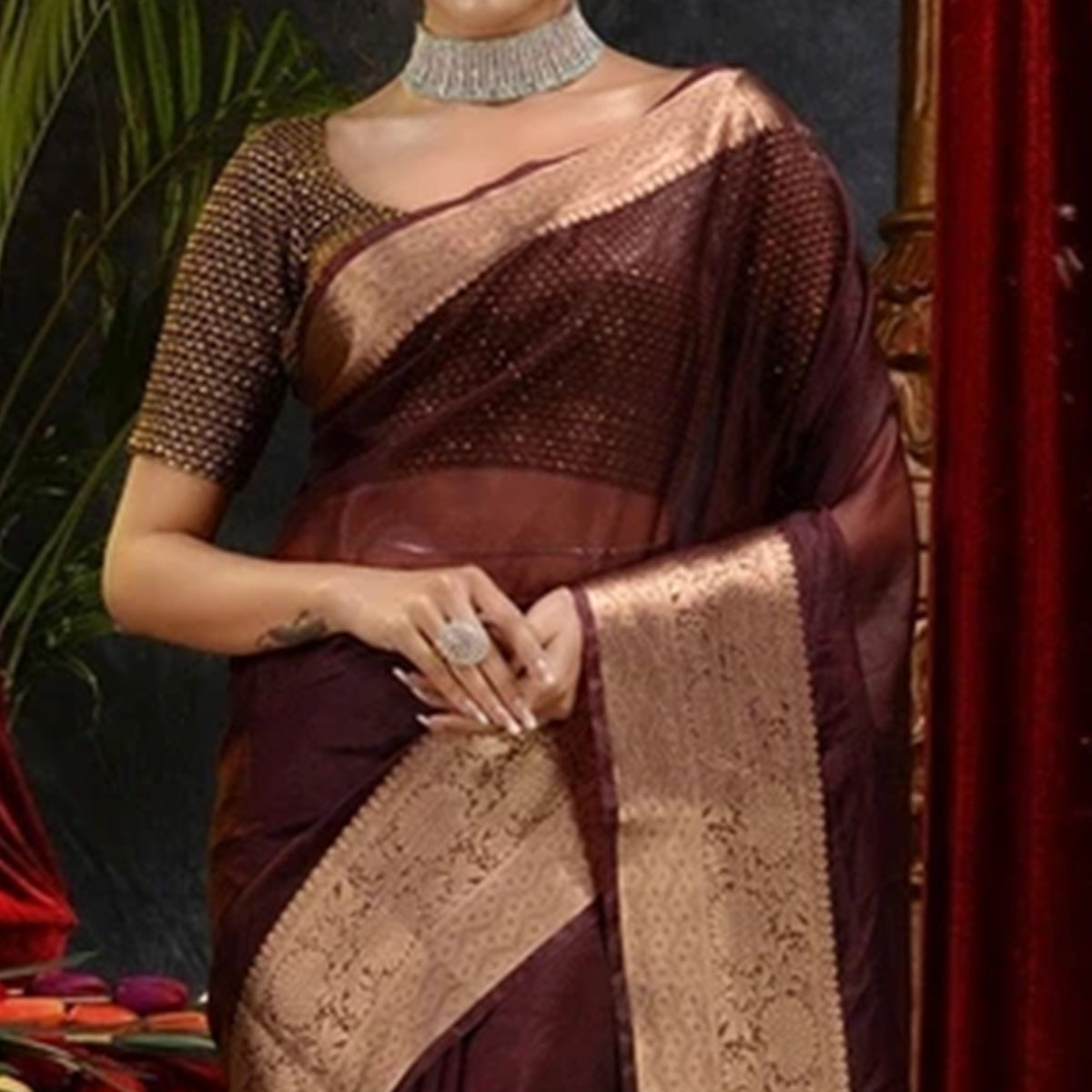 Dark Maroon Solid Organza Saree With Zari Border