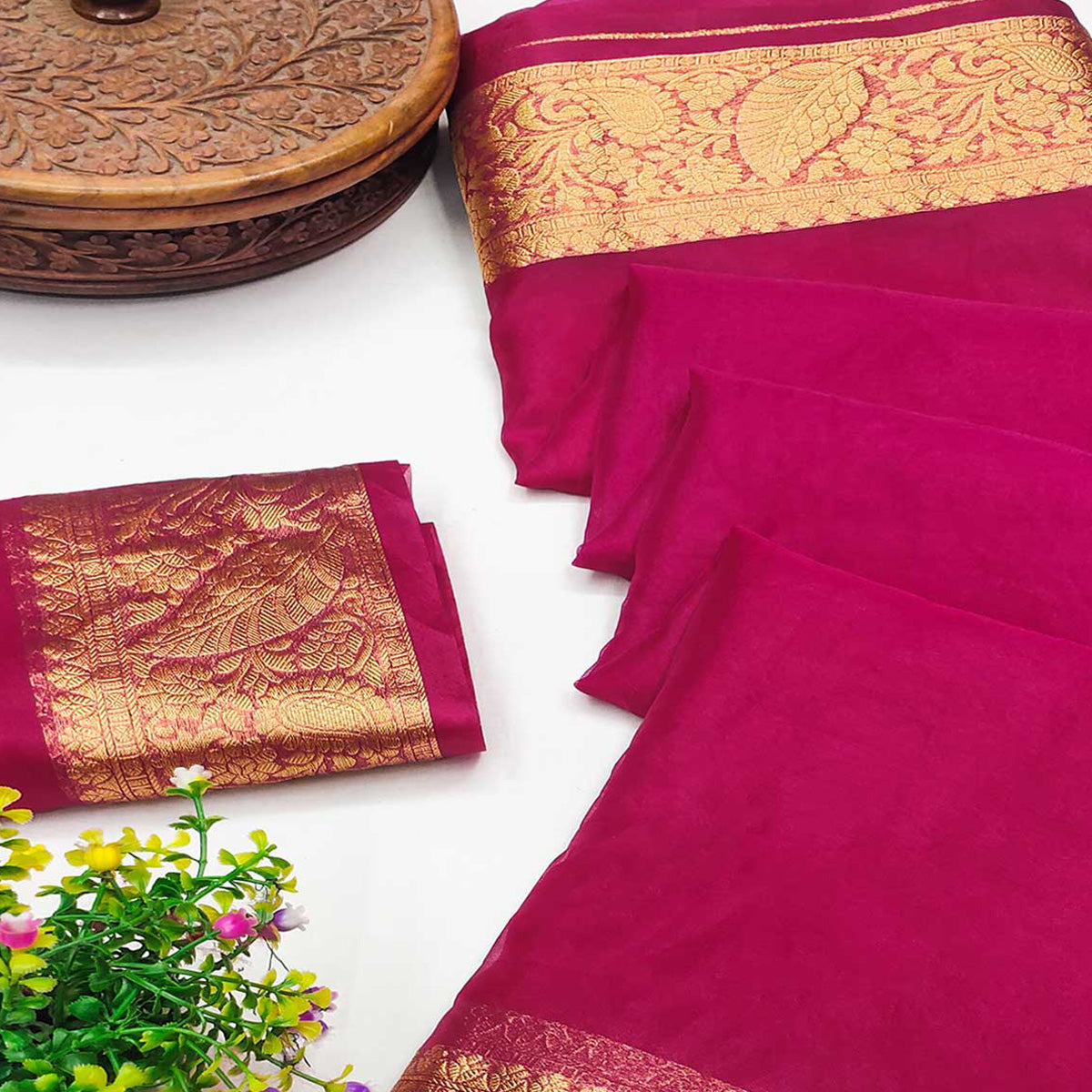 Magenta Solid Organza Saree With Zari Border