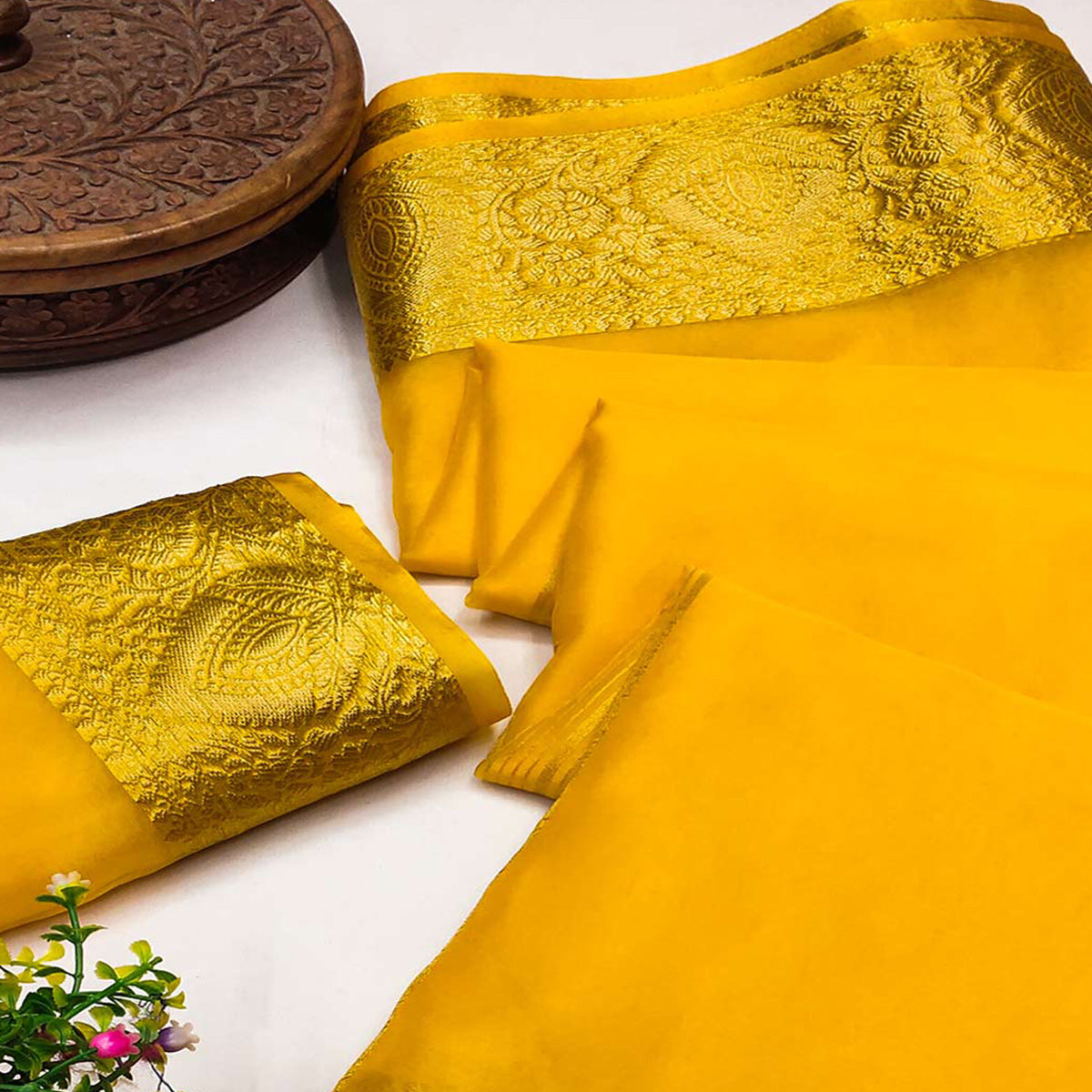 Mustard Solid Organza Saree With Zari Border