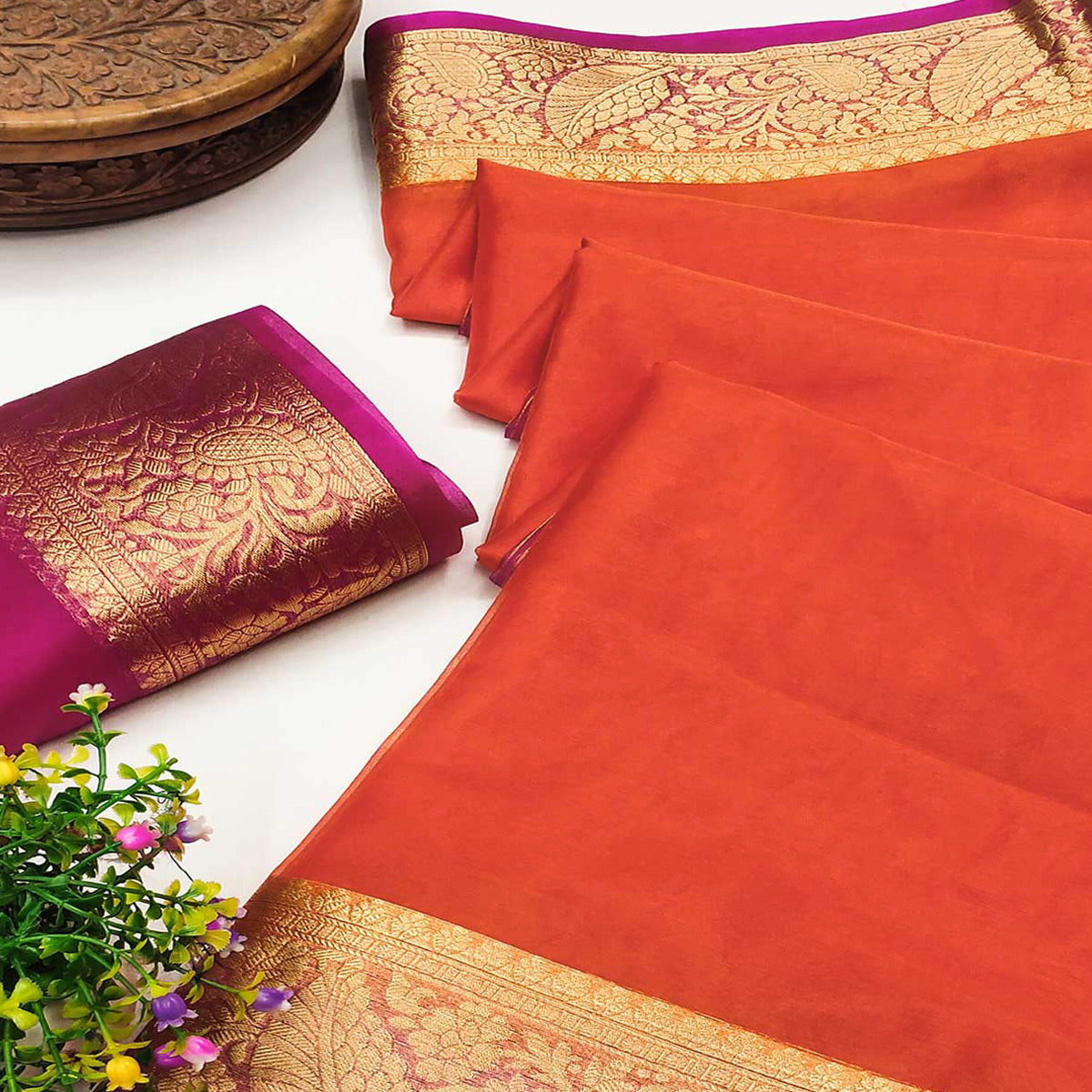 Orange Solid Organza Saree With Zari Border