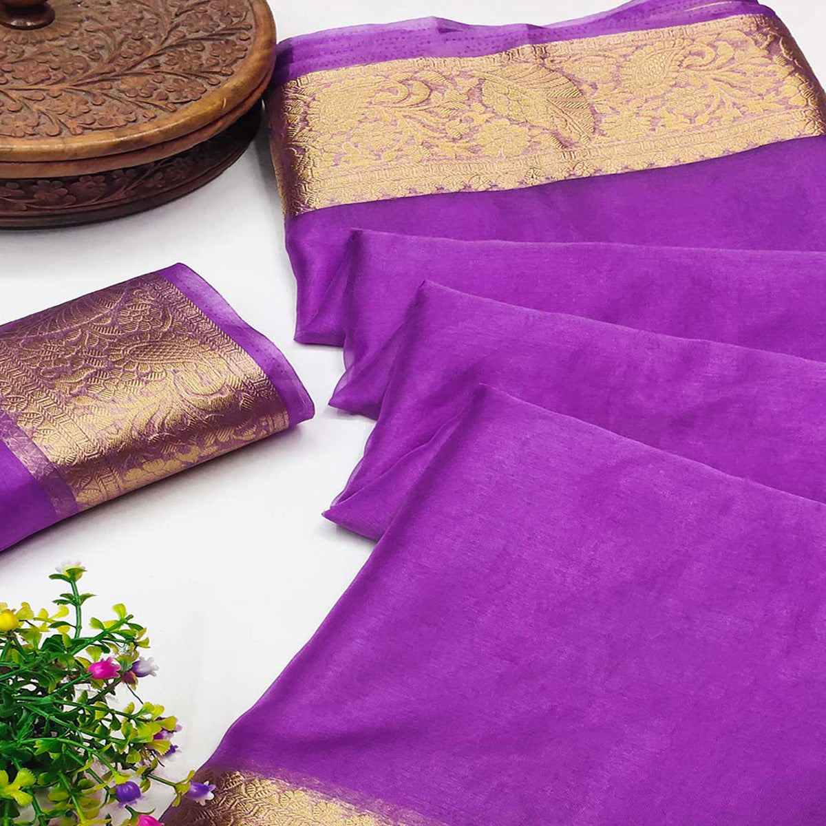 Purple Solid Organza Saree With Zari Border