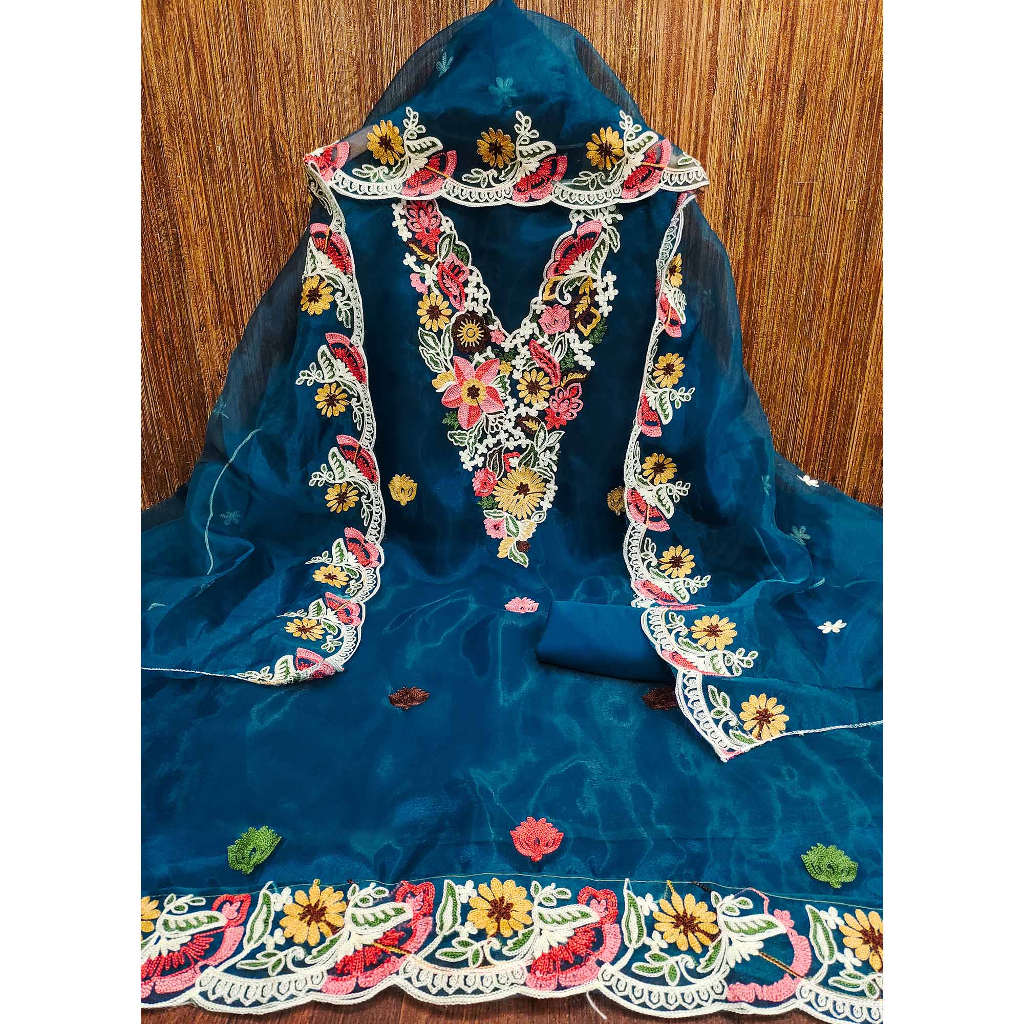 Blue Floral Embroidered Organza Dress Material