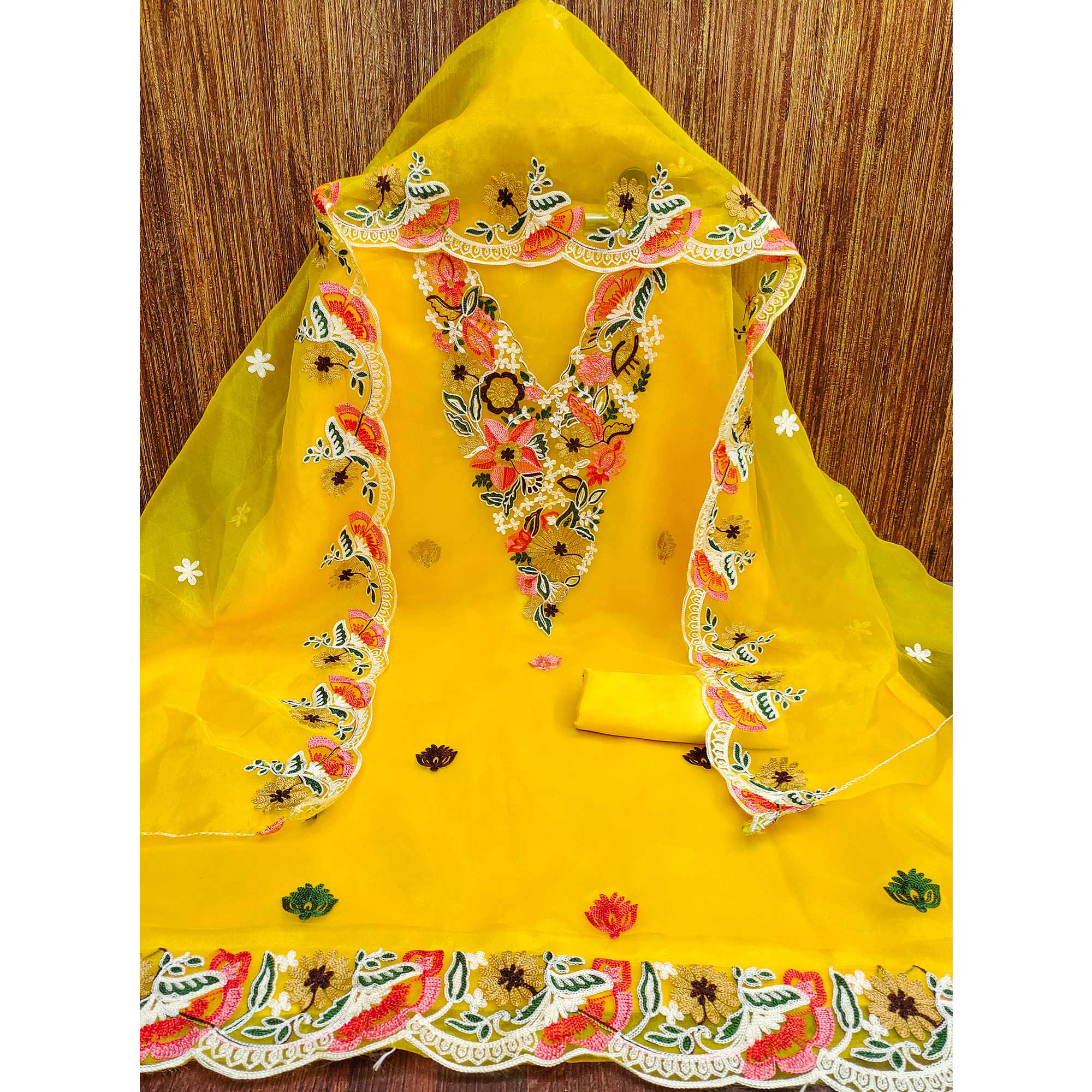 Yellow Floral Embroidered Organza Dress Material