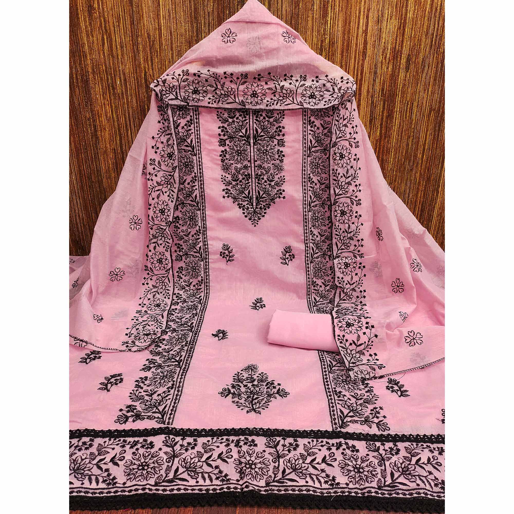 Pink Floral Embroidered Chanderi Dress Material