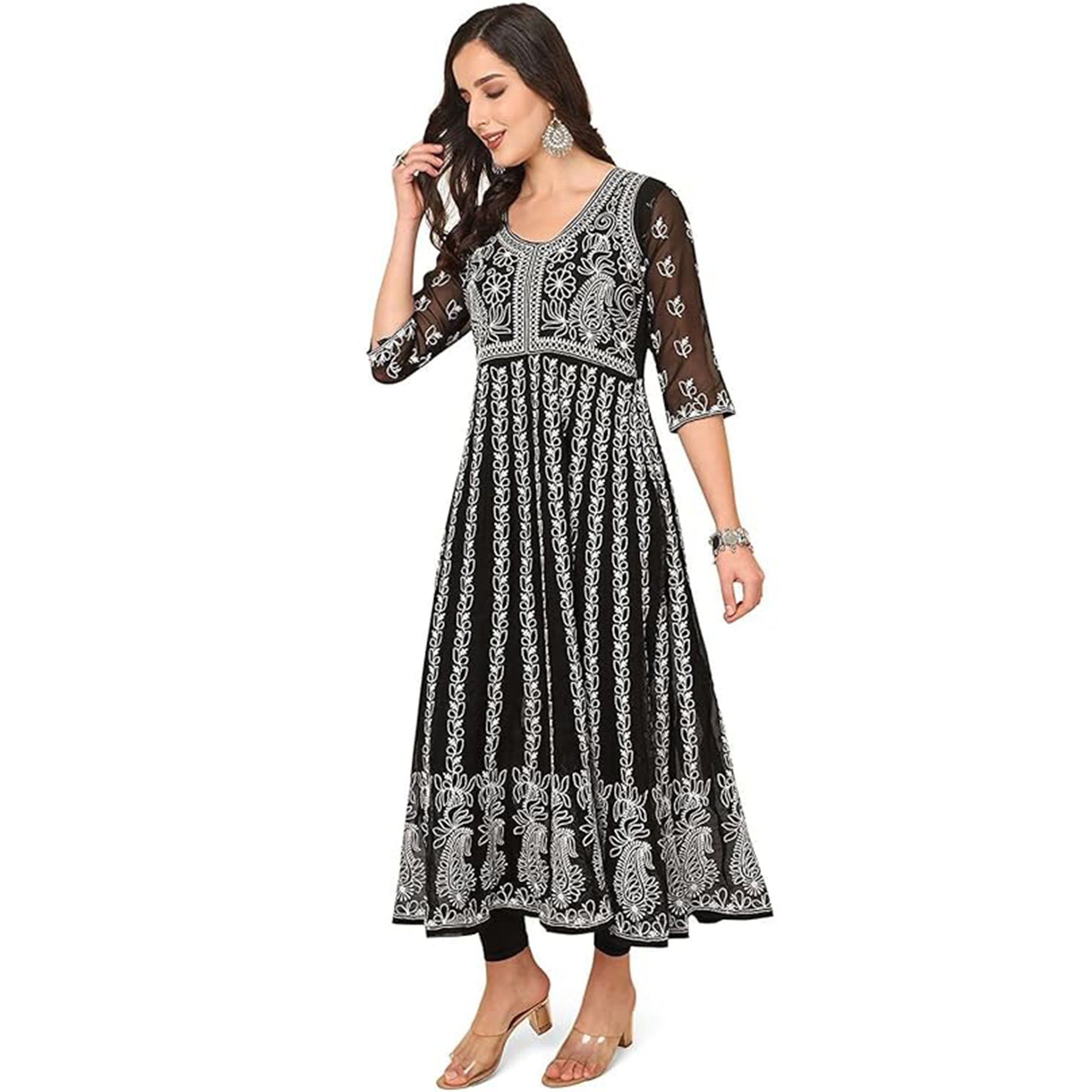 Black Chikan Embroidery Georgette Anarkali KurtI