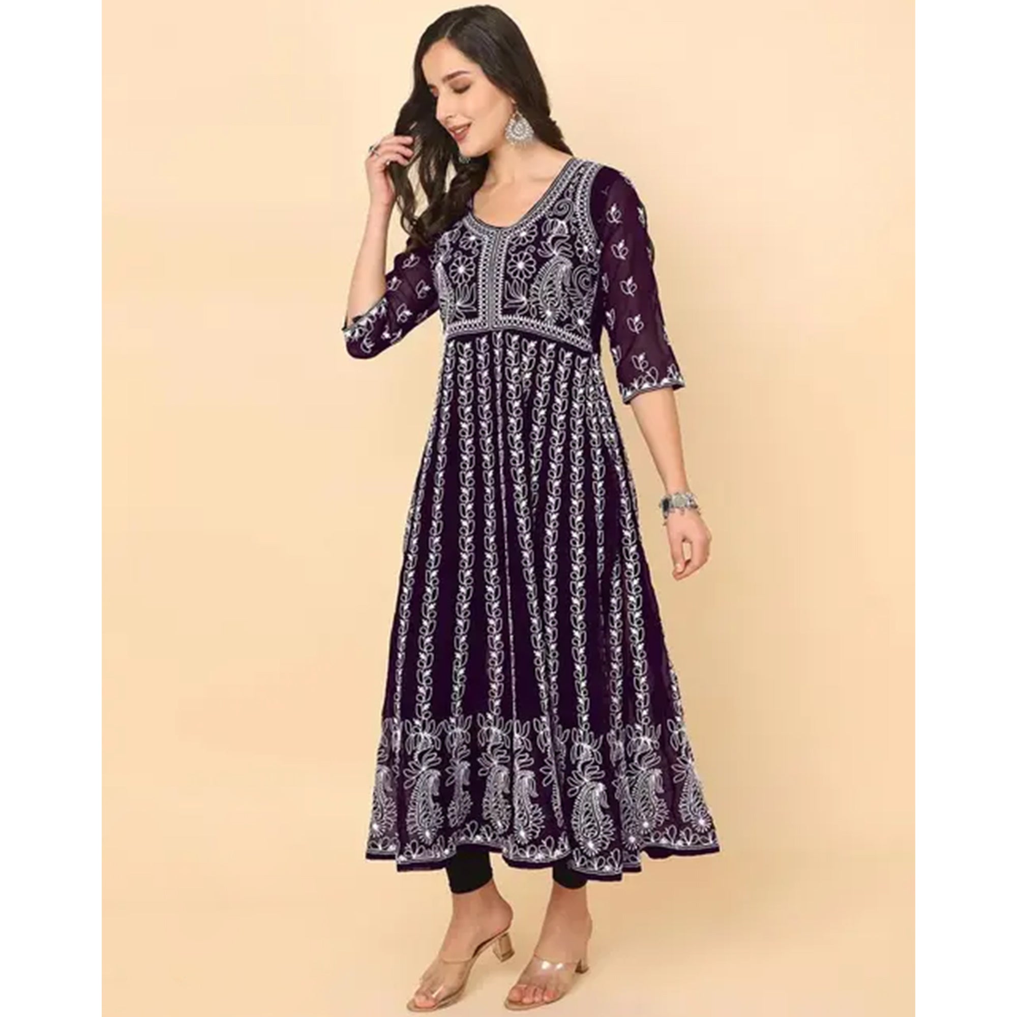 Wine Chikan Embroidery Georgette Anarkali KurtI