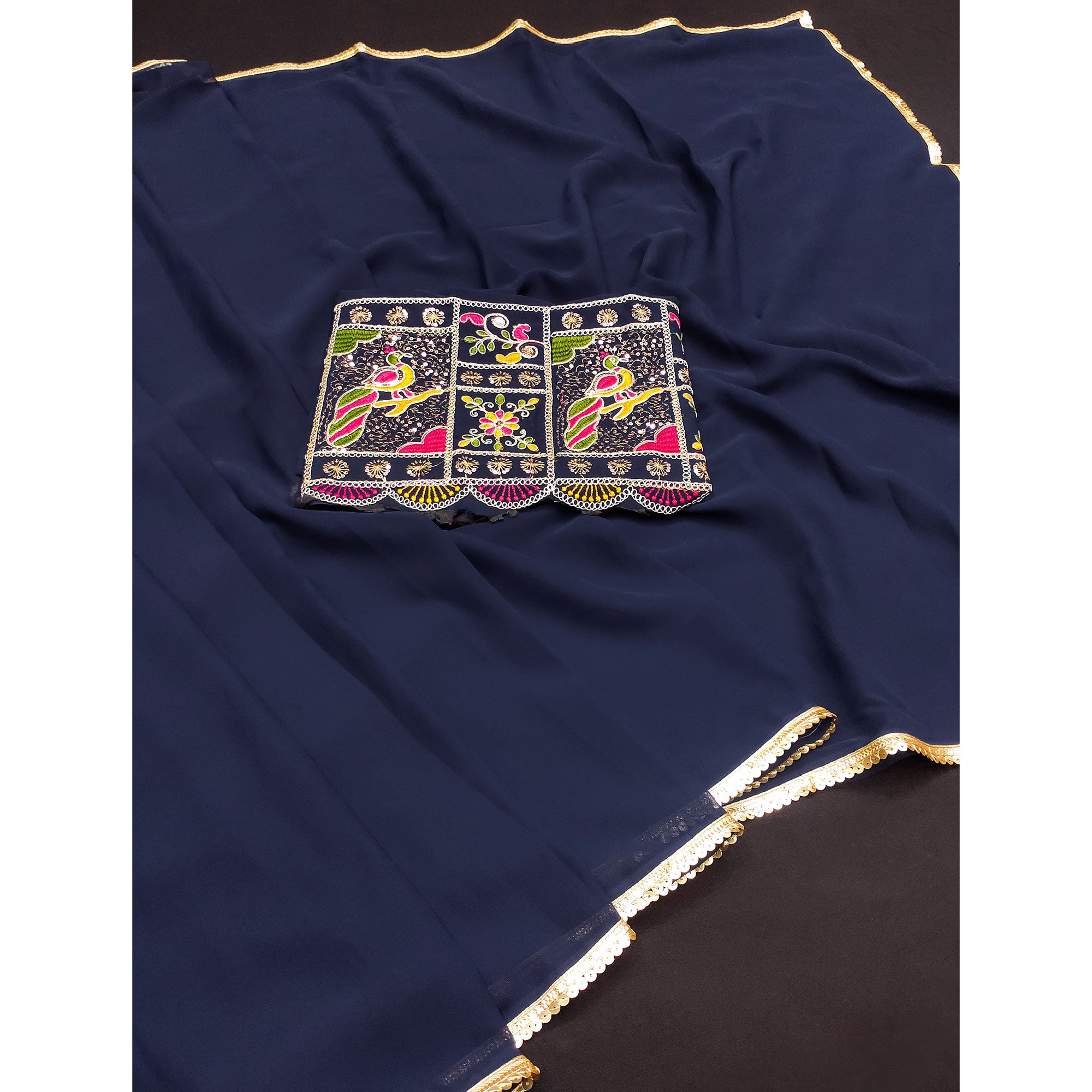 Blue Solid Georgette Saree With Sequins Border