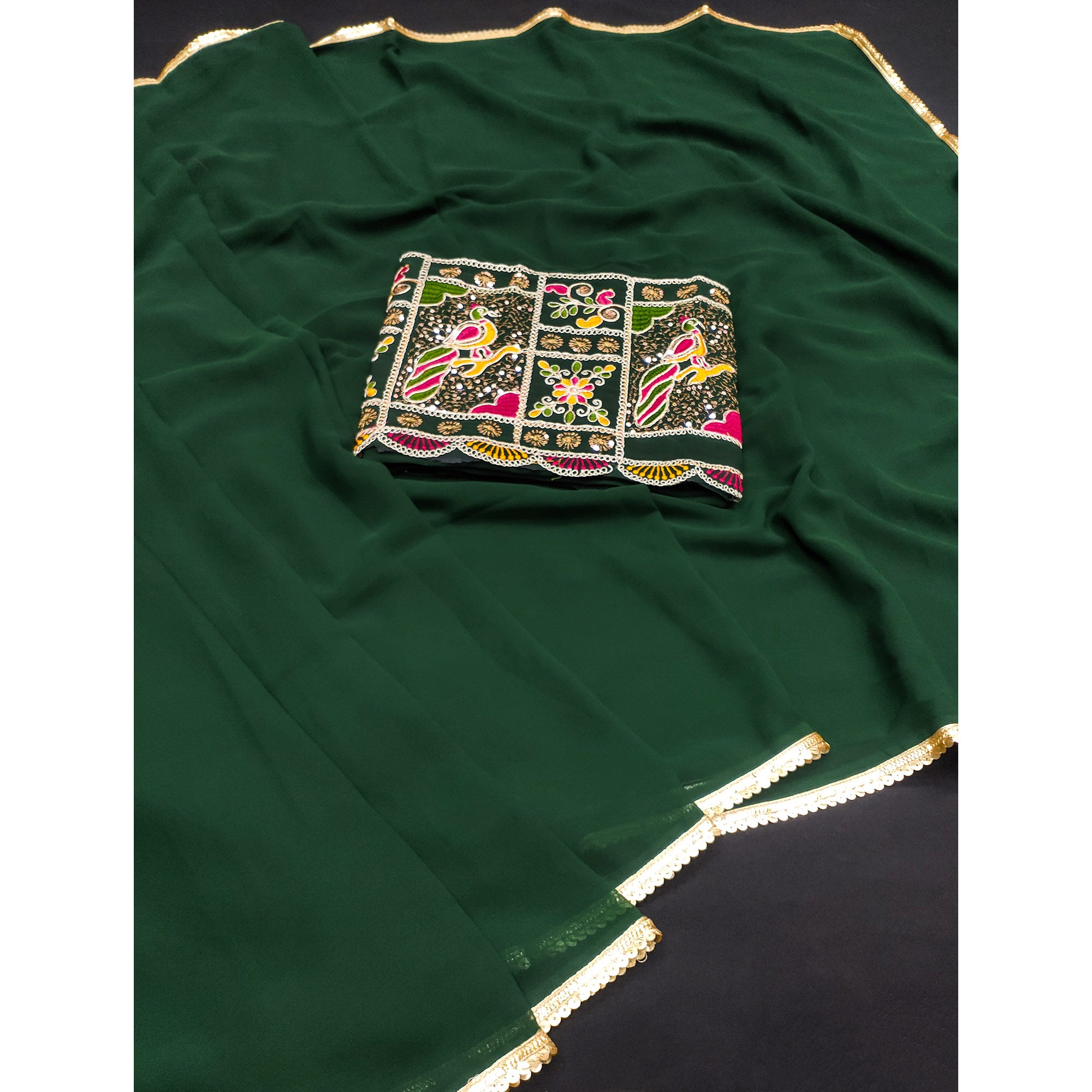 Green Solid Georgette Saree With Sequins Border