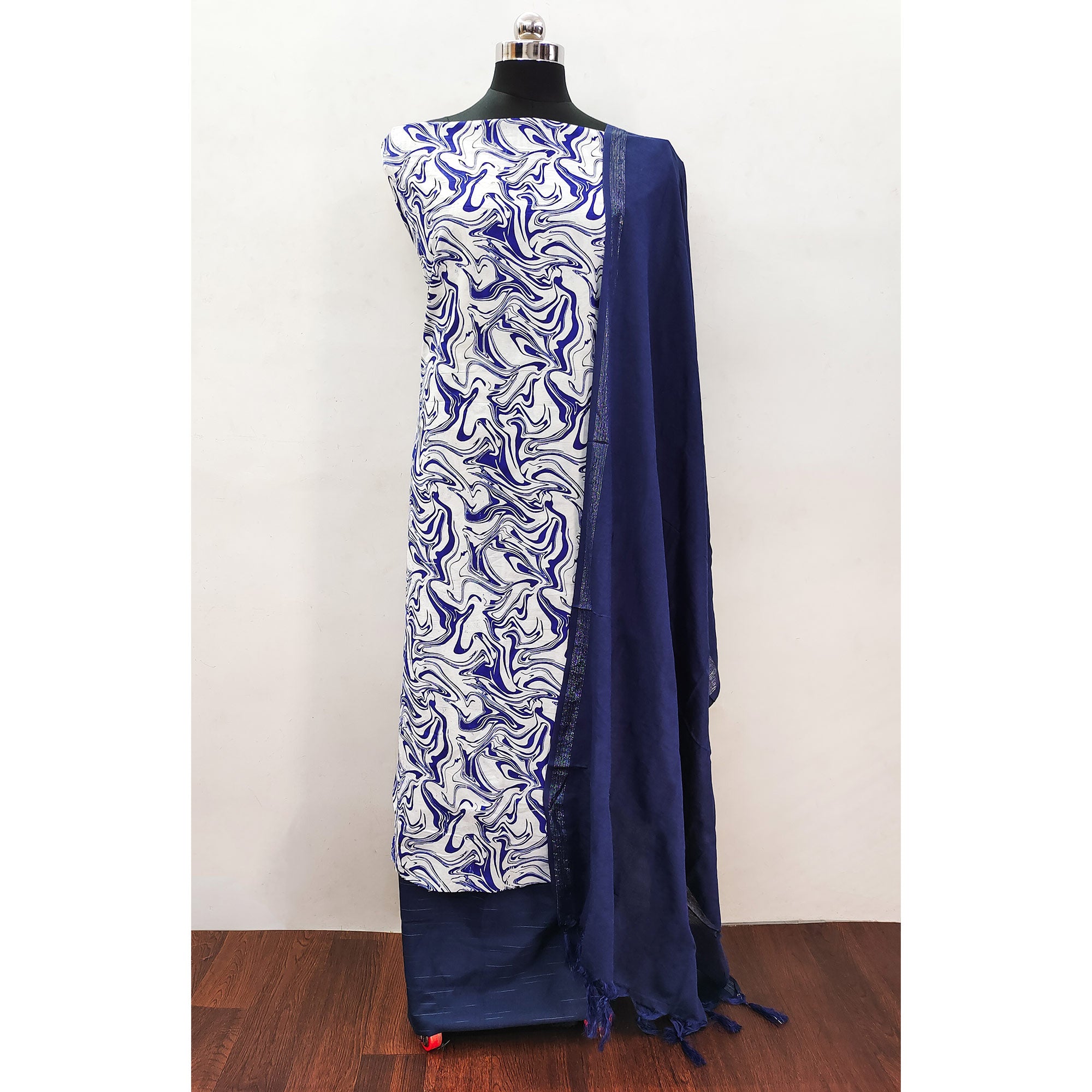 White & Blue Printed Pure Cotton Dress Material