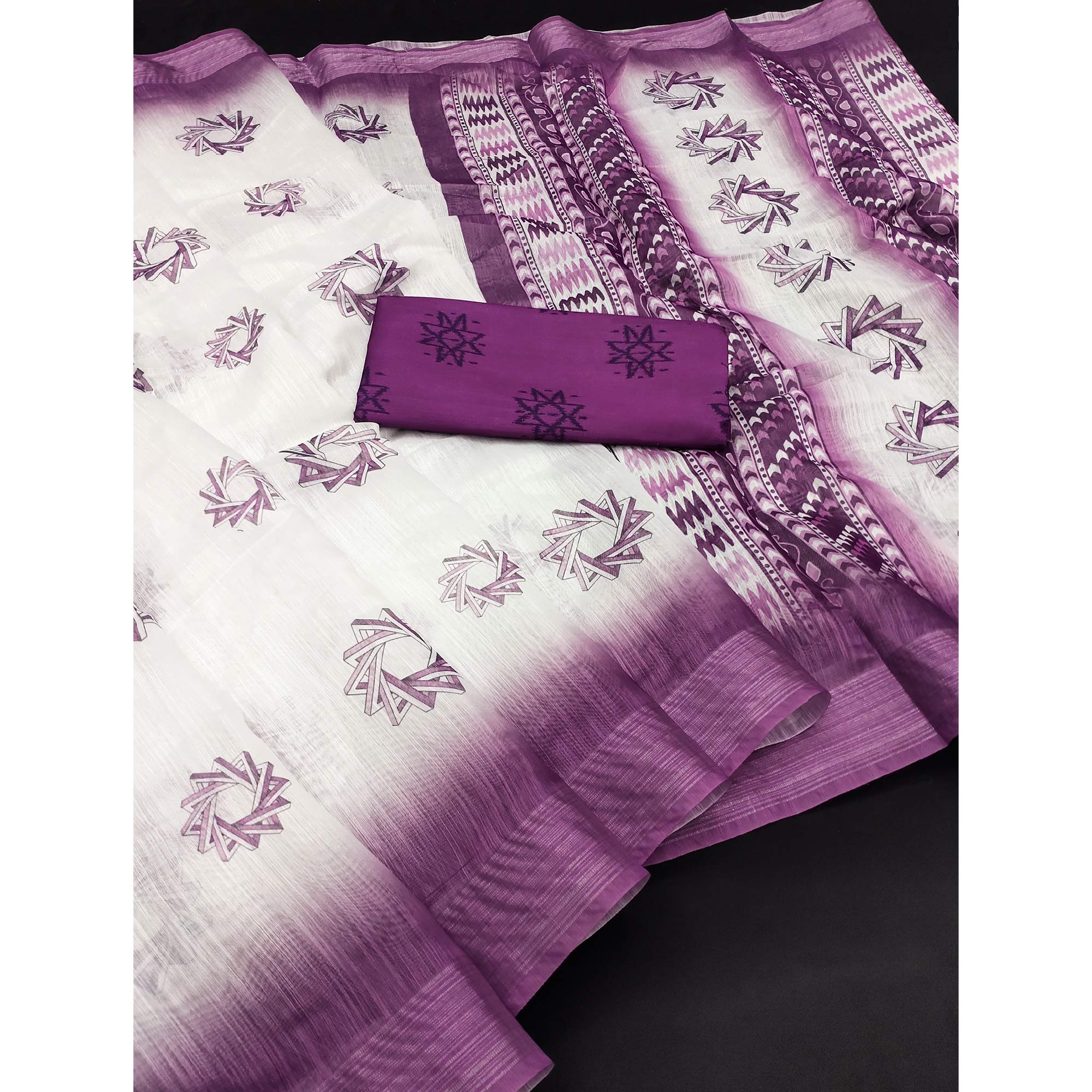 White & Purple Printed Digital Printed Linen Saree