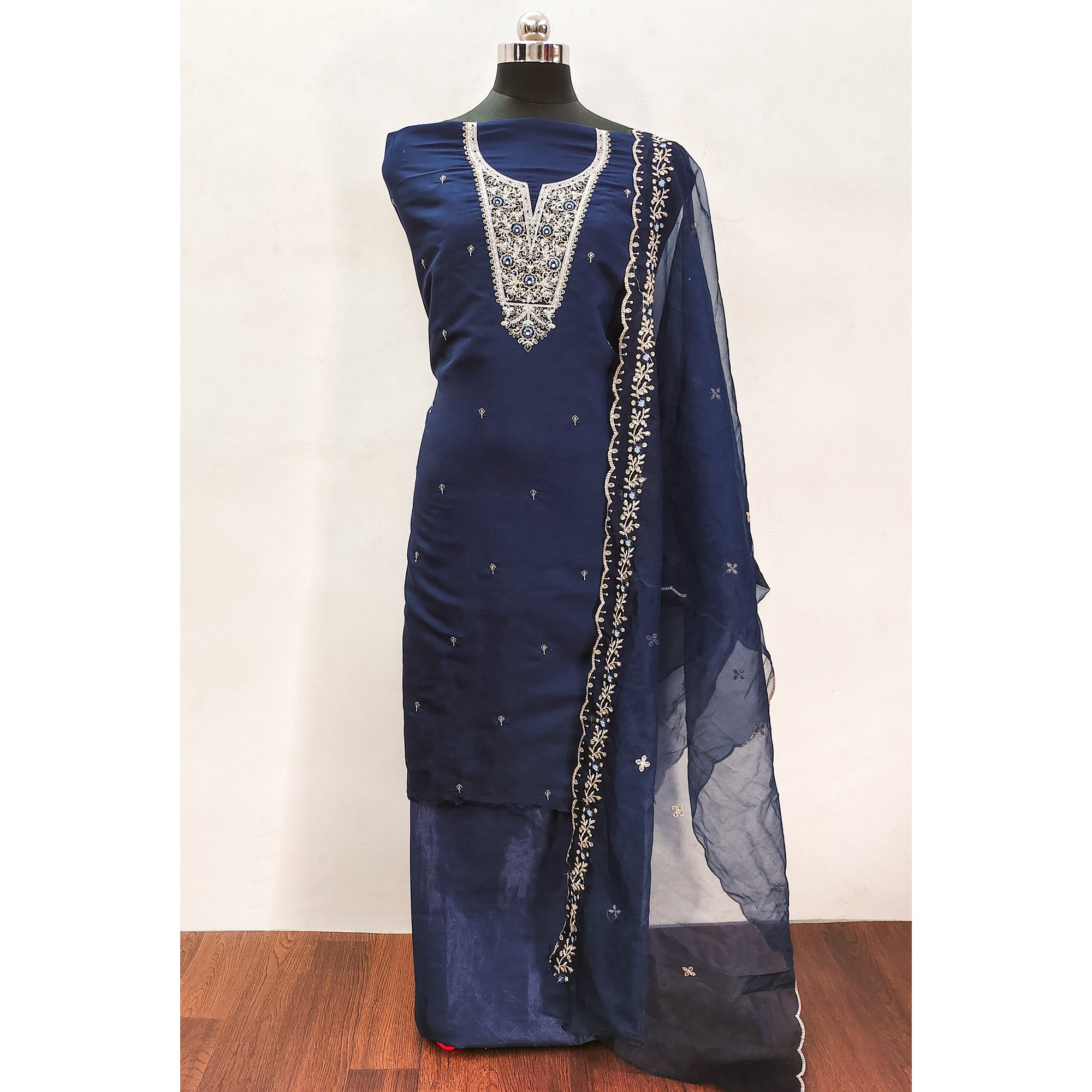 Blue Floral Embroidered Viscose Dress Material