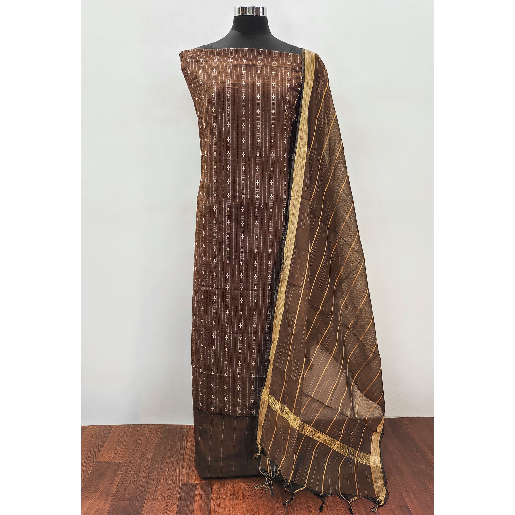 Brown Woven Pure Cotton Dress Material